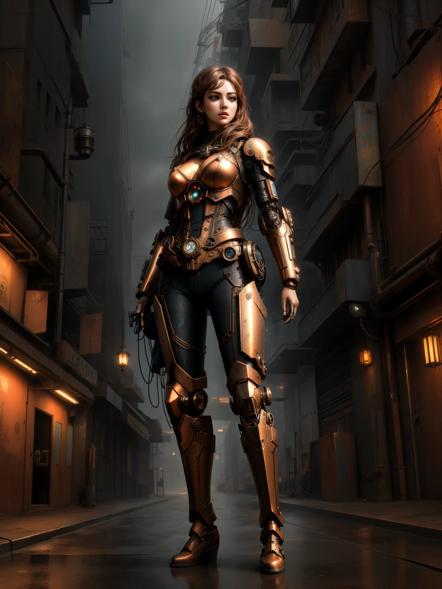full body Masterpiece, 4K, 8K, beautiful face girl made of rusty metal, (steampunk Cyborg: 1.1), ([Wire]: 1.3), (intricate details), HDR, rusty metal body, pipes, wires, (intricate details, hyper detail: 1.2) , wide shot, center, visible brain, beautiful long thighs, beautiful face, detailed face, standing abandoned in futuristic city alley, night, fog, smoke, low dim lights