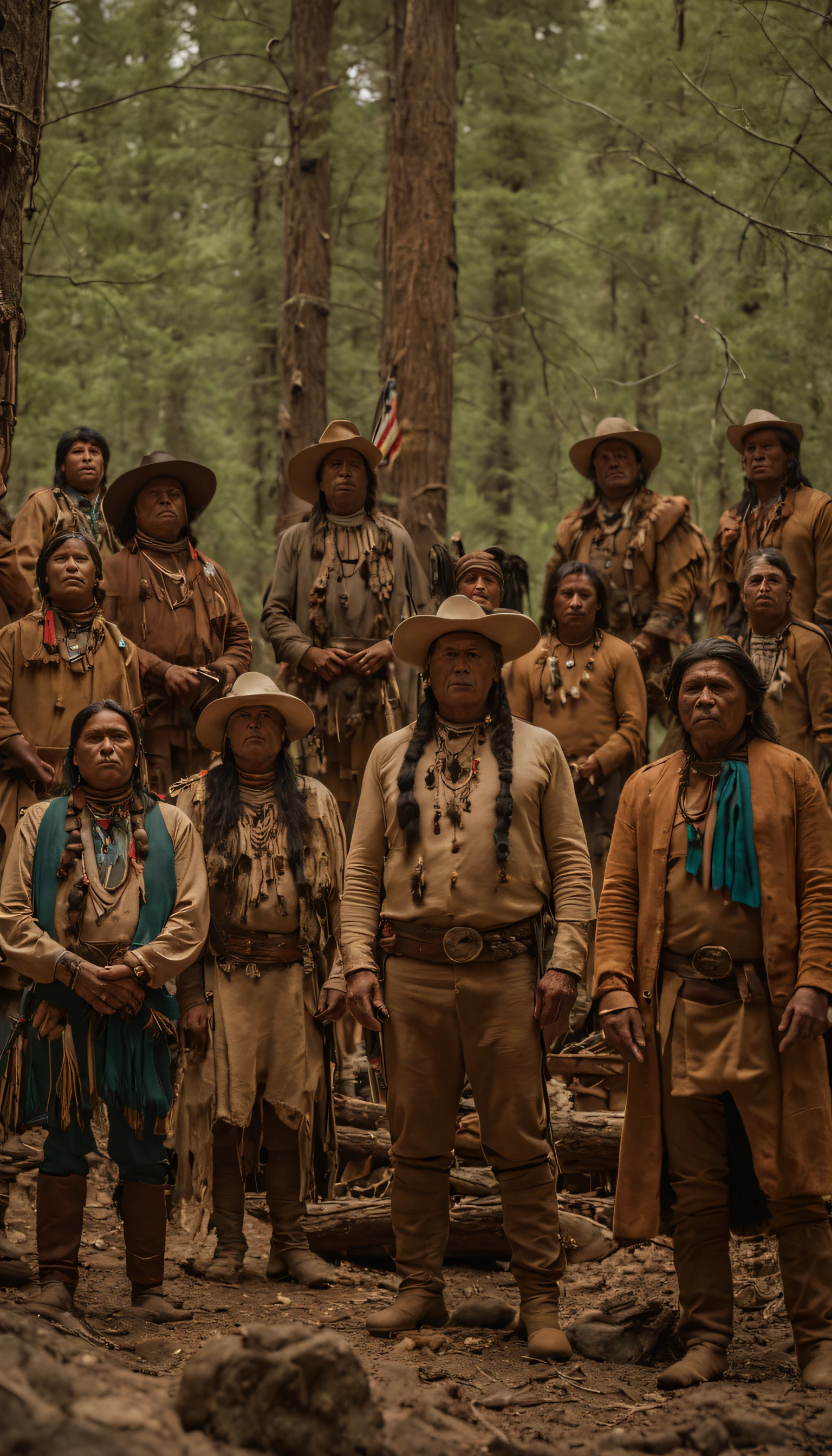a group of Navajos gather in the woods, official, main scene of the film, by Joseph Severn, symmetrical artwork. cinematic, Ancient America, film characters, official art, character reveal, film promo, ( (theatrical) ), seven, character portraits, alexander hamilton style, live action film, 8 k