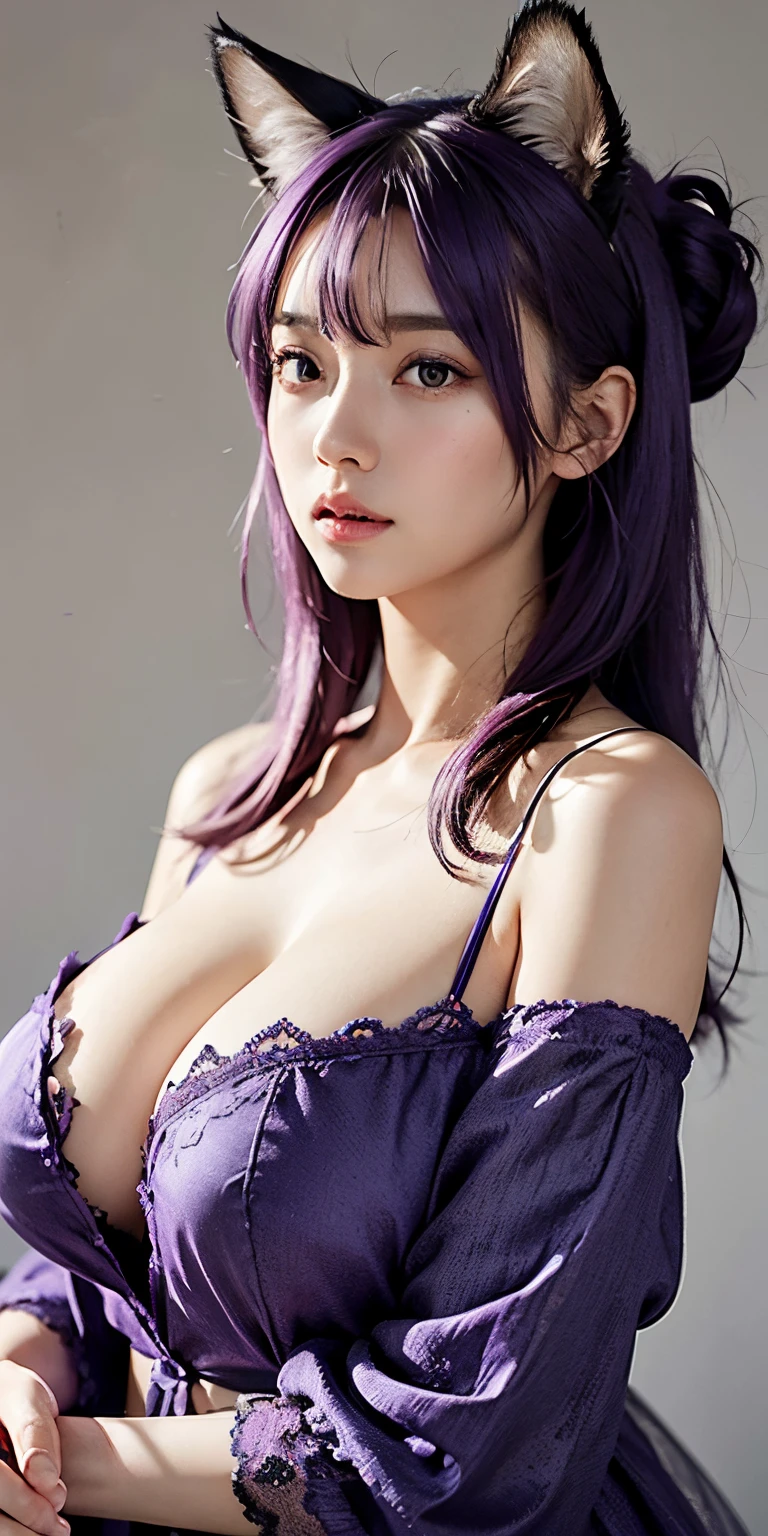 1girl,huge breast, purple hair,ears cat, high quality, ultra detailed, masterpiece, realistic