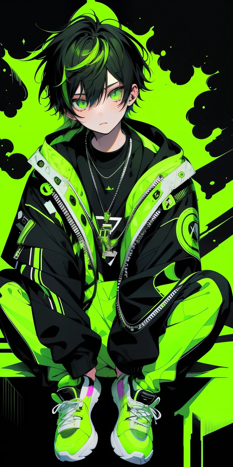 1 boy, (lime) hair, lime black jacket, sit pose, rizz face,