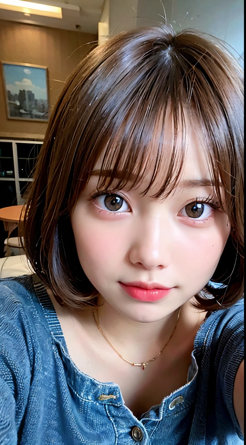 (8K, Raw photo:1.2)Detailed face and eyes,Best Quality, 超A high resolution, Highly detailed ,intricate detailes ,masutepiece ,Cute Girl , Soft cinematic light, Hyper-detailing,Sharp Focus, High quality, Blonde hair, bob cuts, tits out,denim dress, Spread your legs apart, pantiy,