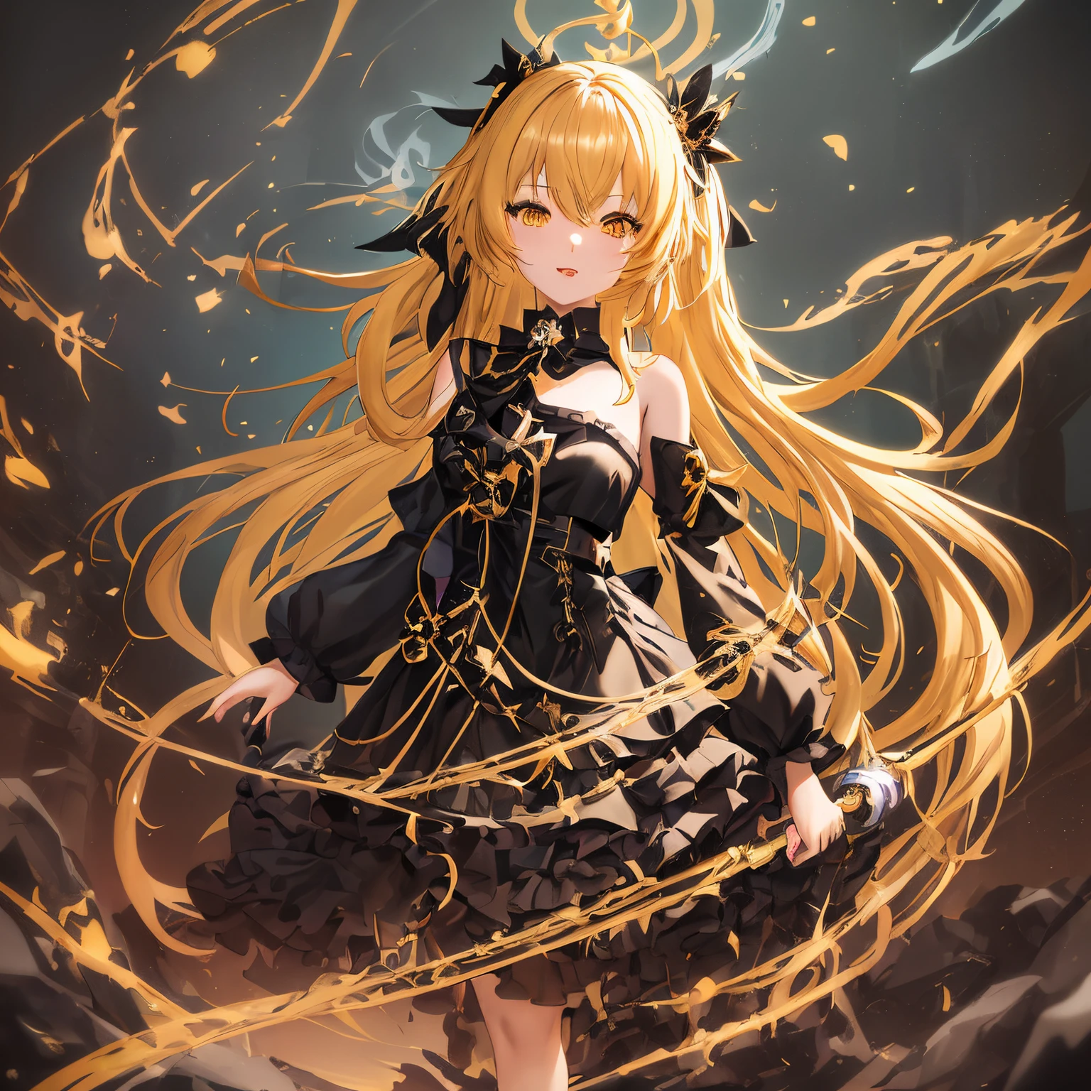 Anime girl with black and gold costume and black cane, , splash art anime loli, full portrait of elementalist, shadowverse style, blonde anime girl with long hair, Trending on ArtStation pixiv, anime girl wearing a black dress, ArtGerm on ArtStation Pixiv