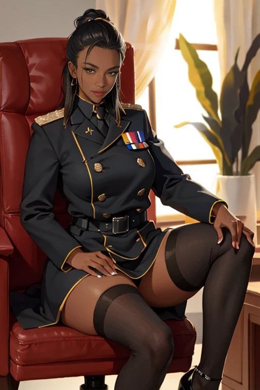Tall beautiful mature woman with confident expression, Plump body, huge-breasted , ,Dark skin, black military uniform with many medals, Black stockings, Black High Heels、Bend your knees and spread your legs、Show off your crotch、Sit in a small chair、office、