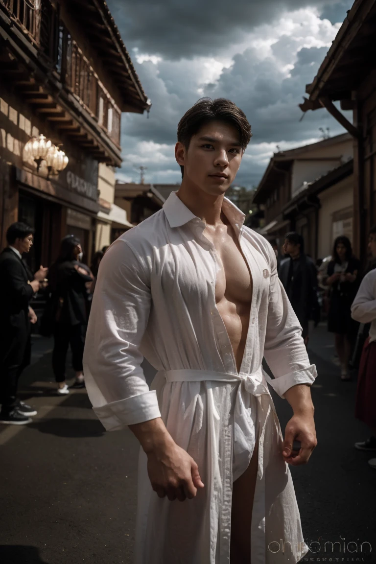 Realism, master-piece, intricate detailed, detailed background, deep depth of field, muscular, Photograph of a handsome young man (A young Korean man who looks like a K-pop idol), 20yo, rubber collar shirt, Shiny latex, Combat stances, Dynamic Poses, Andante, Spanish, Full-length portraits, Black Boots, Hold a bow., There is an arrow on the back., On the streets of the medieval city, (short white hair), It has a touch of mystery and magic., Dark clouds, and lightning fell to the ground. Pao complains, Fair-skinned, pale,