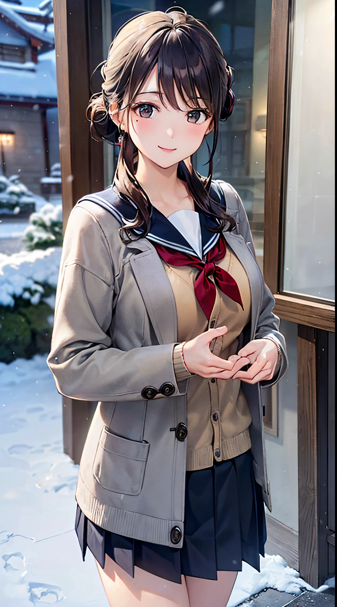((((, , perfect ???????, super detailed skin)))), 1 girl, japanese, 14 years old, shiny skin, large breasts:0.5, watching the view, (smile:1.5), 
beautiful hair, beautiful face, beautiful detailed eyes, (middle hair:1.7, harf updo:1.5), 
beautiful clavicle, beautiful body, beautiful chest, beautiful thigh, beautiful legs, babyface, , breast, mole under eye, 
((navy school uniform, long sleeves, navy pleated skirt, sailor collar, light brown cardigan, ((gray medium coat, muffler, mitten)), extremely sexy, seductive thighs)), white panties, 
(beautiful scenery), winter, evening, hokkaido, sapporo, outdoors, snow, snowfall, walking, hands between legs, 
(8k, top-quality, masterpiece​:1.2, extremely detailed, , ), (photorealistic), beautiful illustration, cinematic lighting,