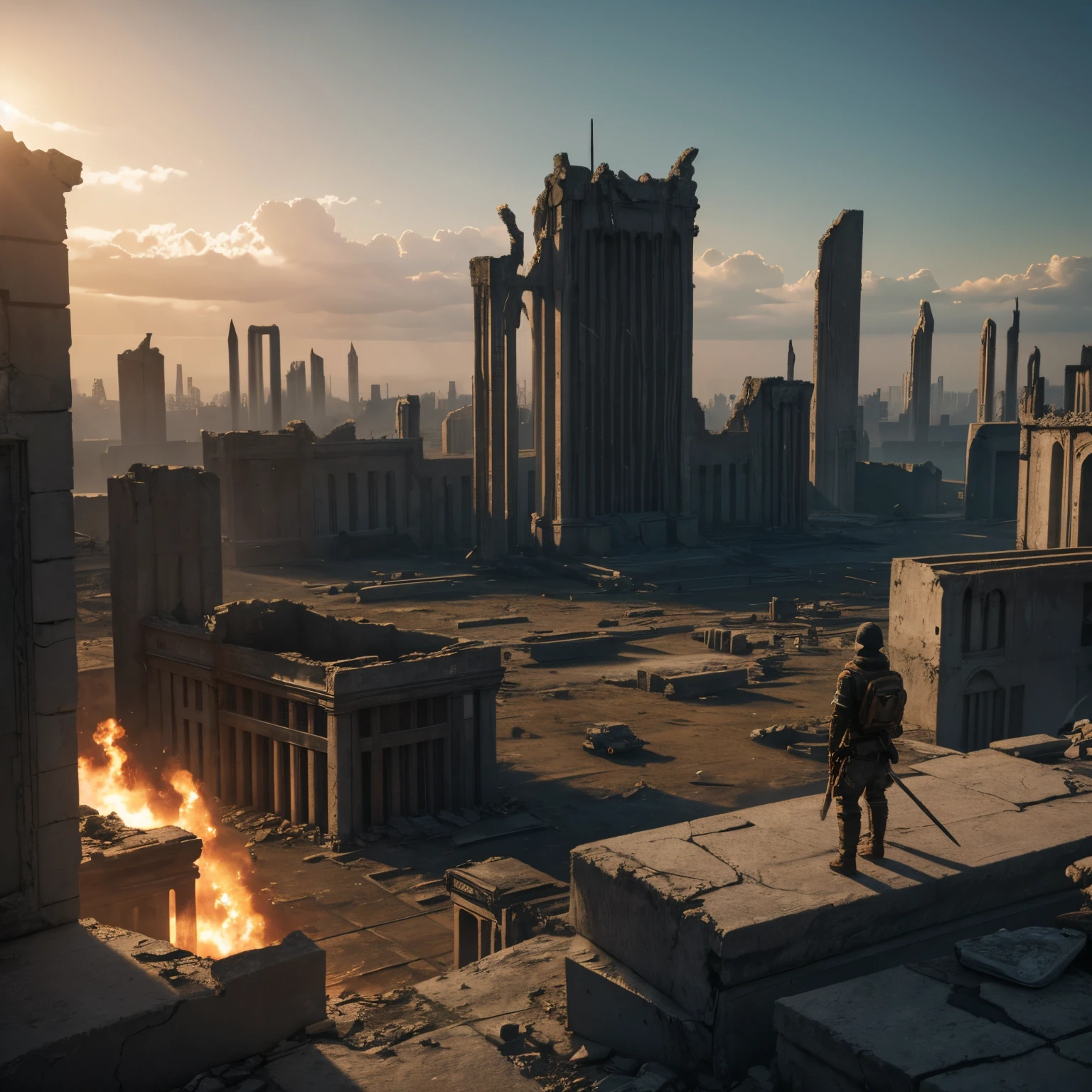 Apocalyptic ruins, part of a huge classical sculpture, from the above, rays of sunshine, Future Style, （Realistic details: 1.2）,（in the background bokeh）,（finely detailled）,（电影灯光）,（Clear focus）,incredible dream,（Not possible to be: 1.2），（in a panoramic view：1.2），atmospheric distance sense，Deeply natural，postapocalypse，close focus，real miracle，（contrary to the scene, A very small human holding a bloody cold weapon spear in his hand）