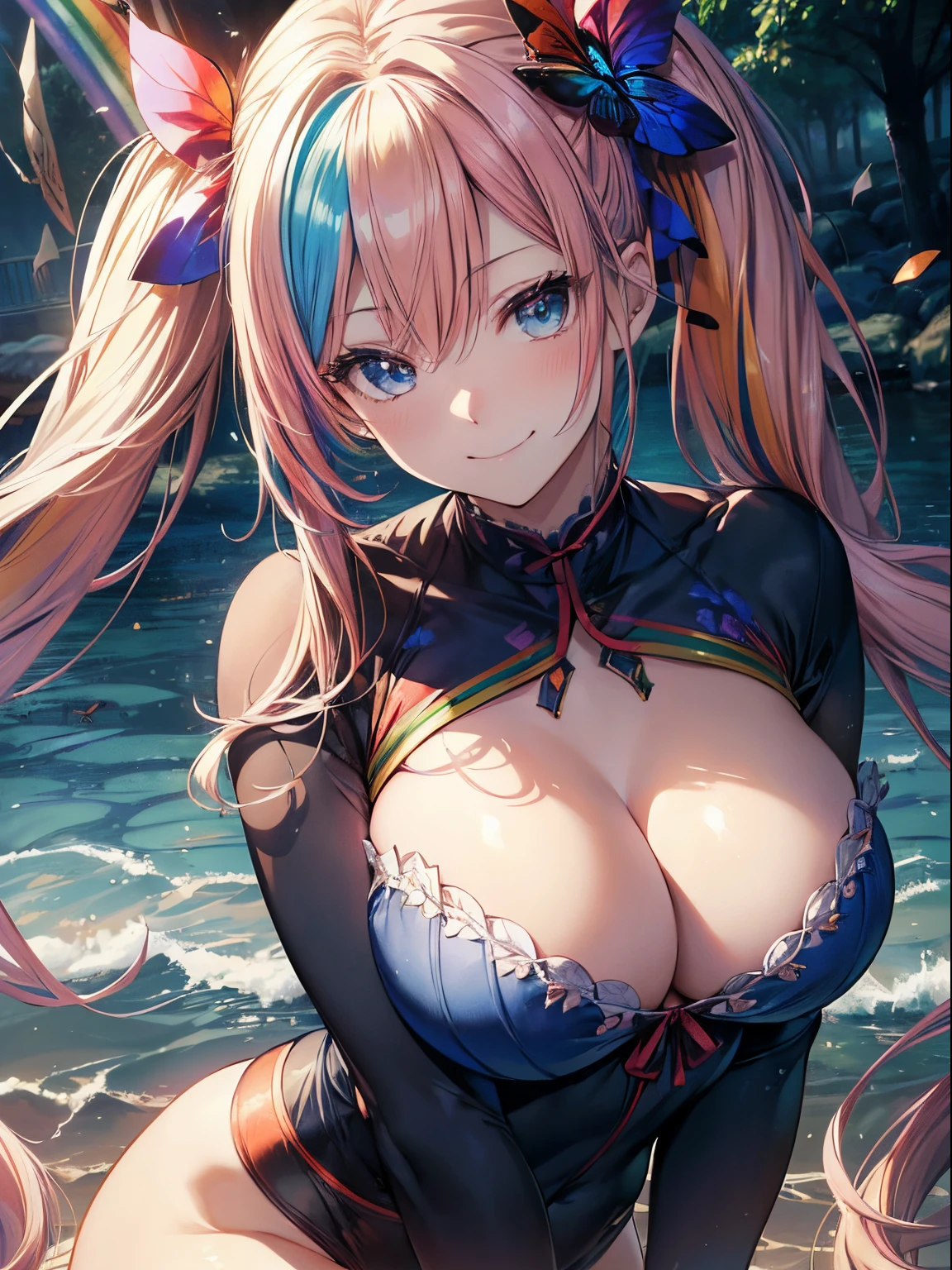 (masutepiece:1.3), (8K, Photorealistic, Raw photo, Best Quality: 1.4), Beautiful face, (Realistic face), Beautiful detailed eyes, (Realistic skin), Attractive, Intricate details,Golden ratio, 1 girl,Naughty smile, (rainbow hair:1.4),((Long twintails,Ribbon 1.4)),Blue athletic wear,(Blue Butterfly Hair Ornament 1.3),cleavage,Dynamic Pose,Dynamic Angle,Intricate details, Hyper realistic、only face、A smile、Smiling、Face enhancement、marason、Autumn Park、the morning sun、Luz Divina、Deities、Heaven、rainbows