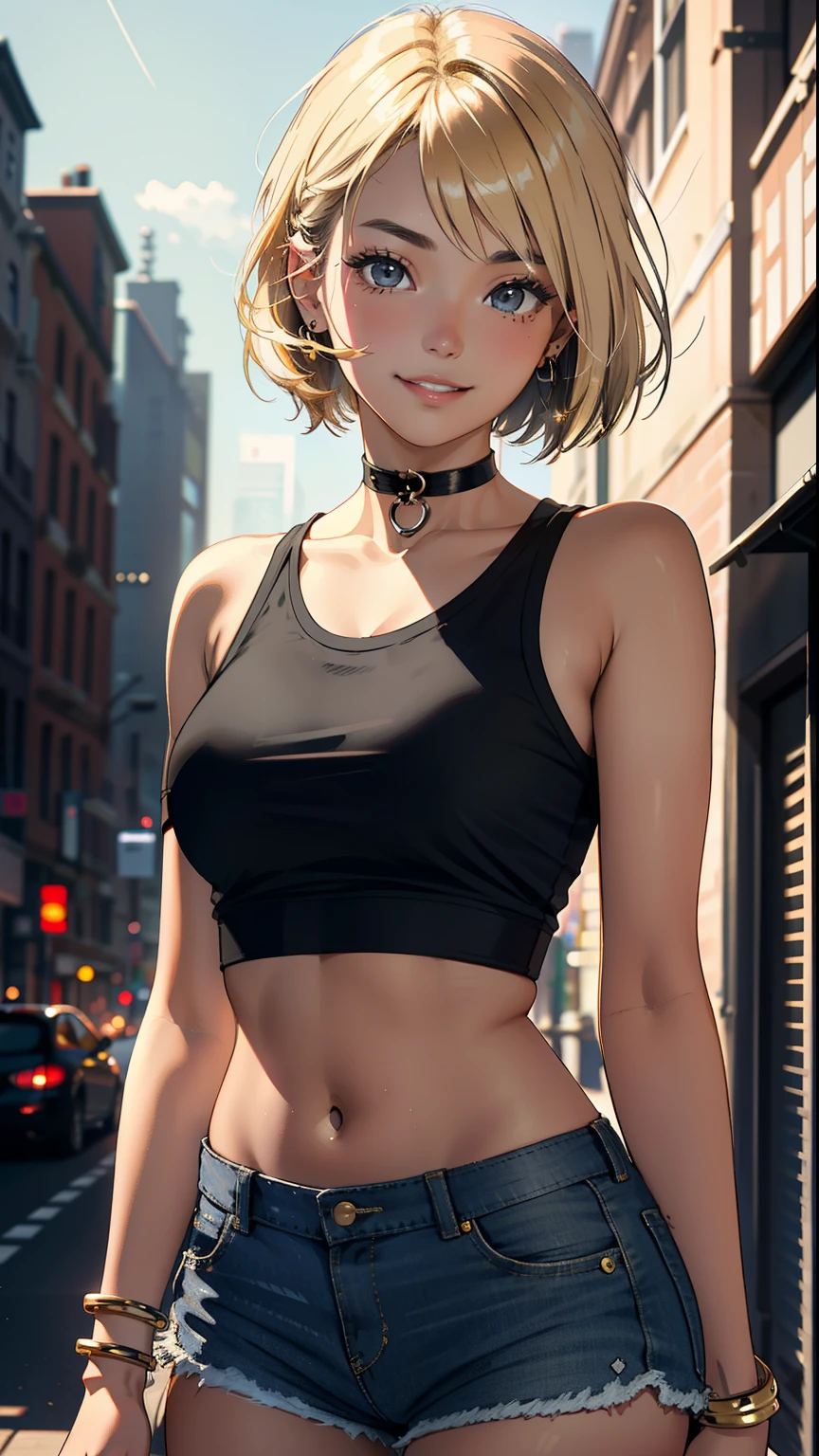 masterpiece, top-quality, Detailed details, Detailed landscapes, beatiful lights, Beautiful Shadows, 1girl in, 23years old,Black eyes,Mischievous smile, Short blonde hair,bangle,a choker,piercings,hotpants,Ultra-low rise,TShirt, Navel Ejection,detailed skin textures, Tyndall effect