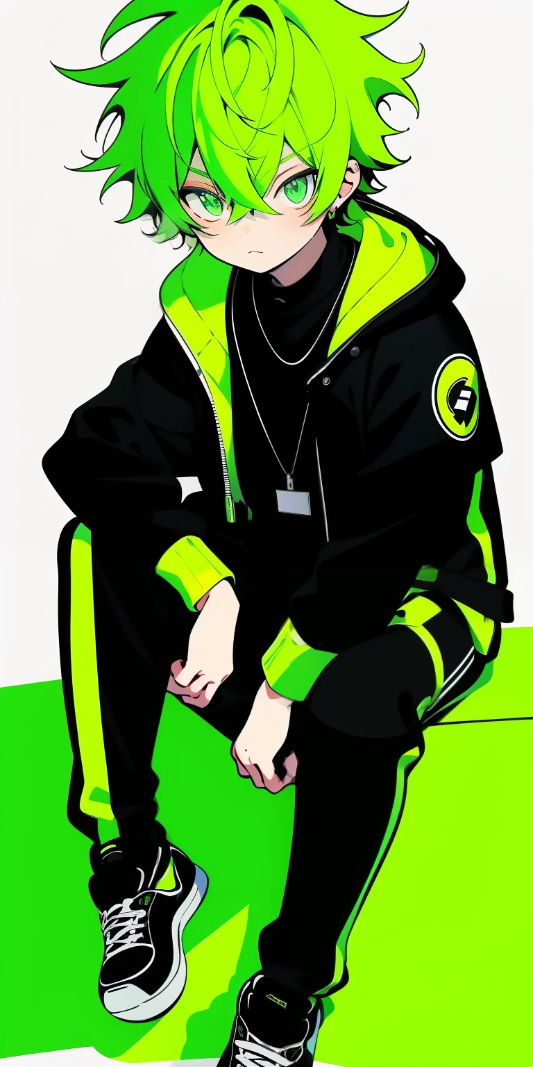 1 boy, (lime) hair, lime black jacket, sit pose, rizz face,