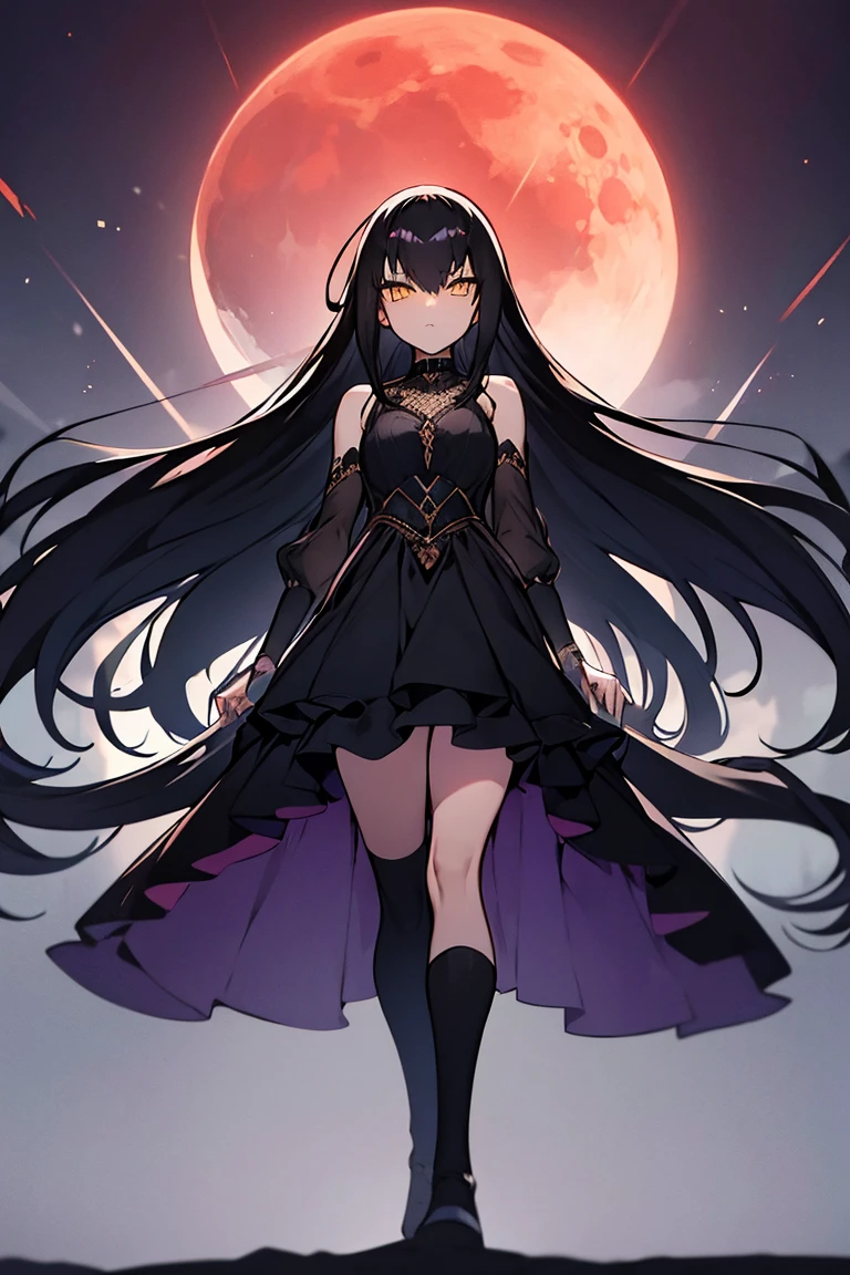 Black-haired woman,Scary aura around,Scary yellow eyes,european dress, Black Fabric, thin, Yellow cloth covers all vital organs except the face..................., Wearing a knee-length black and purple dress....................,The arm does not reach the top of the hip....................,The arms are small.................., But the ligaments are very large....................,Soft hands,at night,red moon,turned sideways,faint