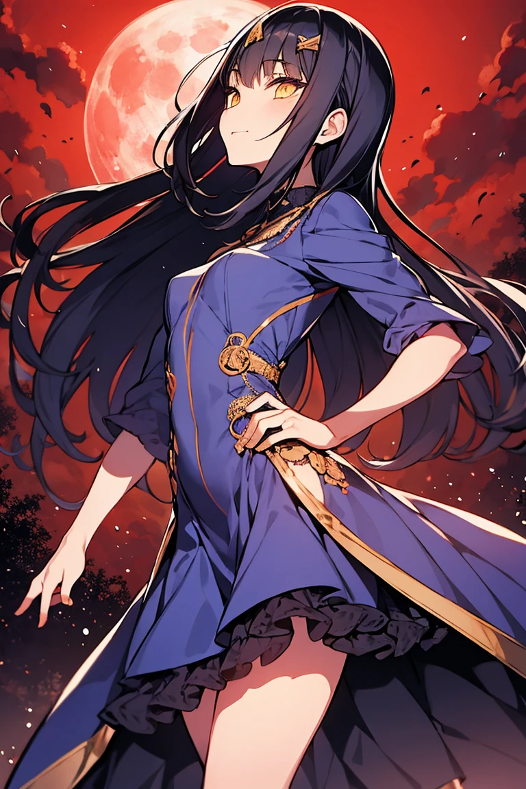 Black-haired woman,Scary aura around,Scary yellow eyes,european dress, Black Fabric, thin, Yellow cloth covers all vital organs except the face..................., Wearing a knee-length black and purple dress....................,The arm does not reach the top of the hip....................,The arms are small.................., But the ligaments are very large....................,Soft hands,at night,red moon,turned sideways,faint