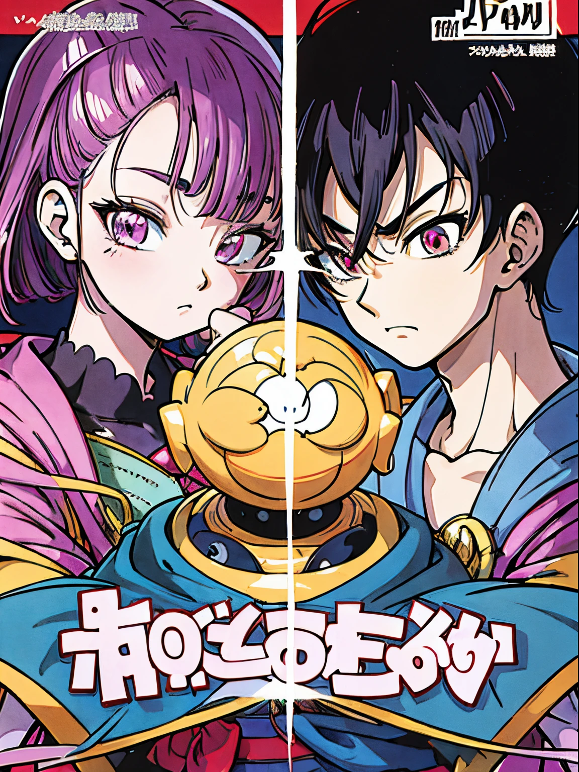 Cover showing the title in Japanese, personagem de corpo inteiro, rosto detalhado, roxo e rosa , determination, alta qualidade, eye correction. Manga-style cover.