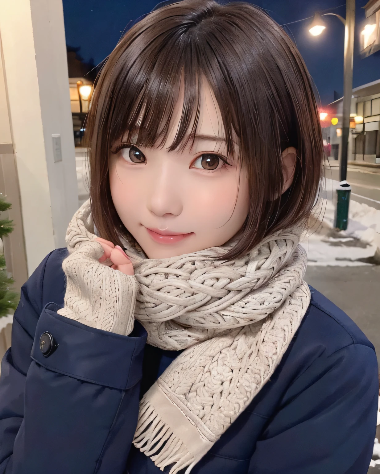 8K quality,(super masterpiece:1.3),highest quality,Detailed Images,The real picture,Natural lighting,symmetrical beauty,1 female,Japanese,20-year-old,Medium Hair,Curly Hair,(very cute:1.3),Thick eyebrows,(Double:1.2),(Realistic eyes:1.1),Long coat,Turtleneck sweater,skirt,tights,(The background is a park,winter,snow,sunset,Sunset),(Face directly towards the camera,Looking directly at the viewer,looking at the camera,The body faces the viewer,The body is facing the direction of the camera,Face looking straight into the camera).
