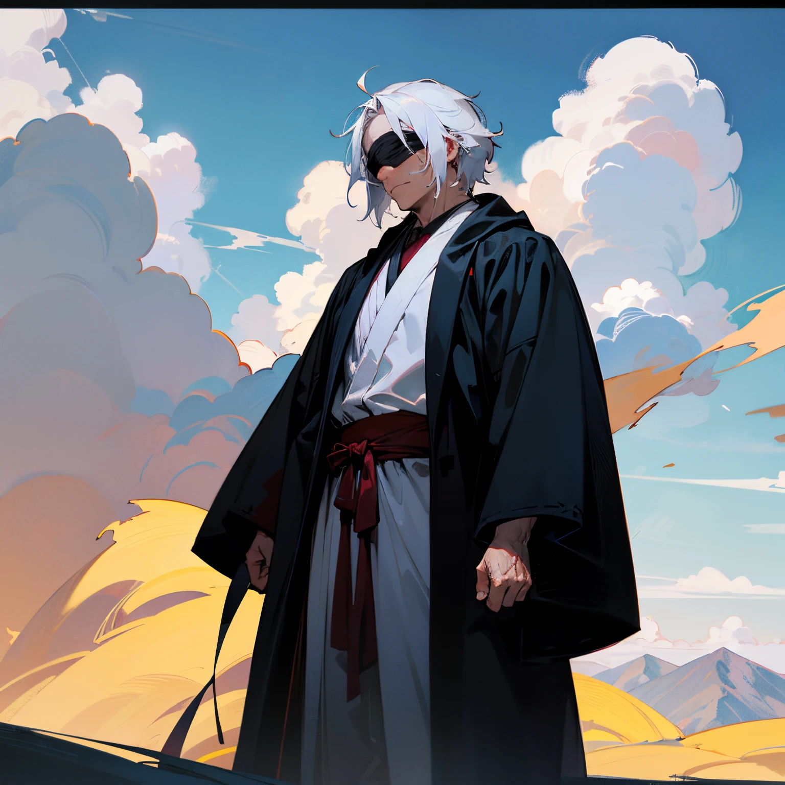 Vibrant blue eyes, messy white hair, white blindfold, black robes, standing on a mountain, sunny background, cloudy sky, 1 male, adult male, old male, lean muscular build, illustrations, ultra-detailed:1.37, vibrant colors, portraits, sharp focus, studio lighting