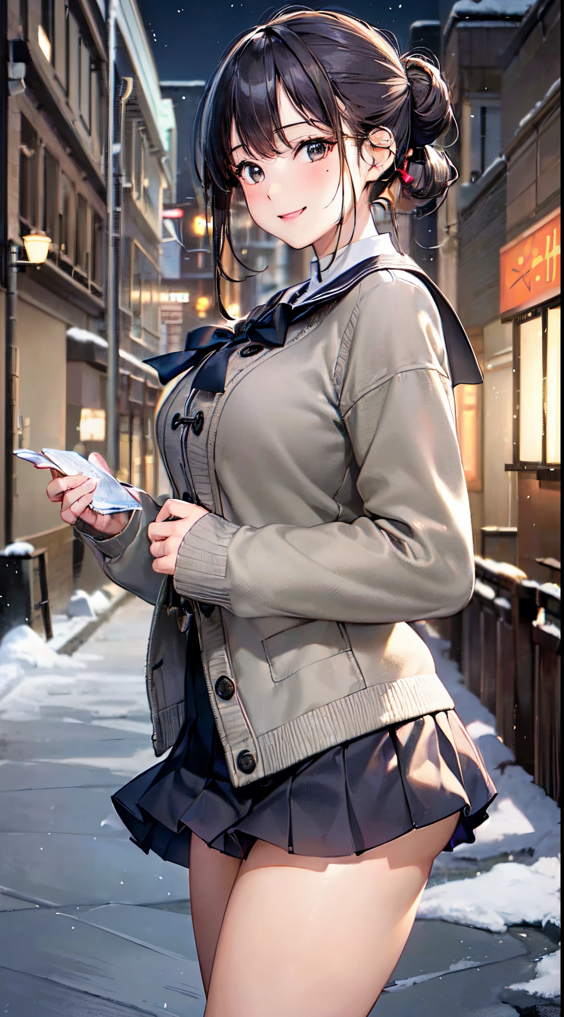 ((((, , perfect anatomy, super detailed skin)))), 1 girl, japanese, , shiny skin, large breasts:0.5, watching the view, (smile:1.5),
beautiful hair, beautiful face, beautiful detailed eyes, (middle hair:1.7, harf updo:1.5),
beautiful clavicle, beautiful body, beautiful chest, beautiful thigh, beautiful legs, babyface, , st, mole under eye,
((navy school uniform, long sleeves, navy pleated skirt, sailor collar, light brown cardigan, ((gray medium coat, muffler, mitten)), extremely sexy, seductive thighs)), white panties,
(beautiful scenery), winter, evening, hokkaido, sapporo, outdoors, snow, snowfall, walking, hands between legs,
(8k, top-quality, masterpiece:1.2, extremely detailed, , ), (photorealistic), beautiful illustration, cinematic lighting,