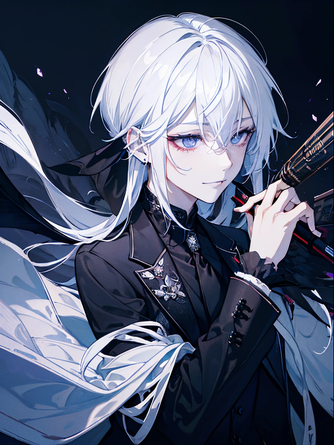 incubus、white hair、suits、neck tie、Black horned、Black bat wings and tail、Glossy look、Mysterious smile、bustup、Dark fantasy background