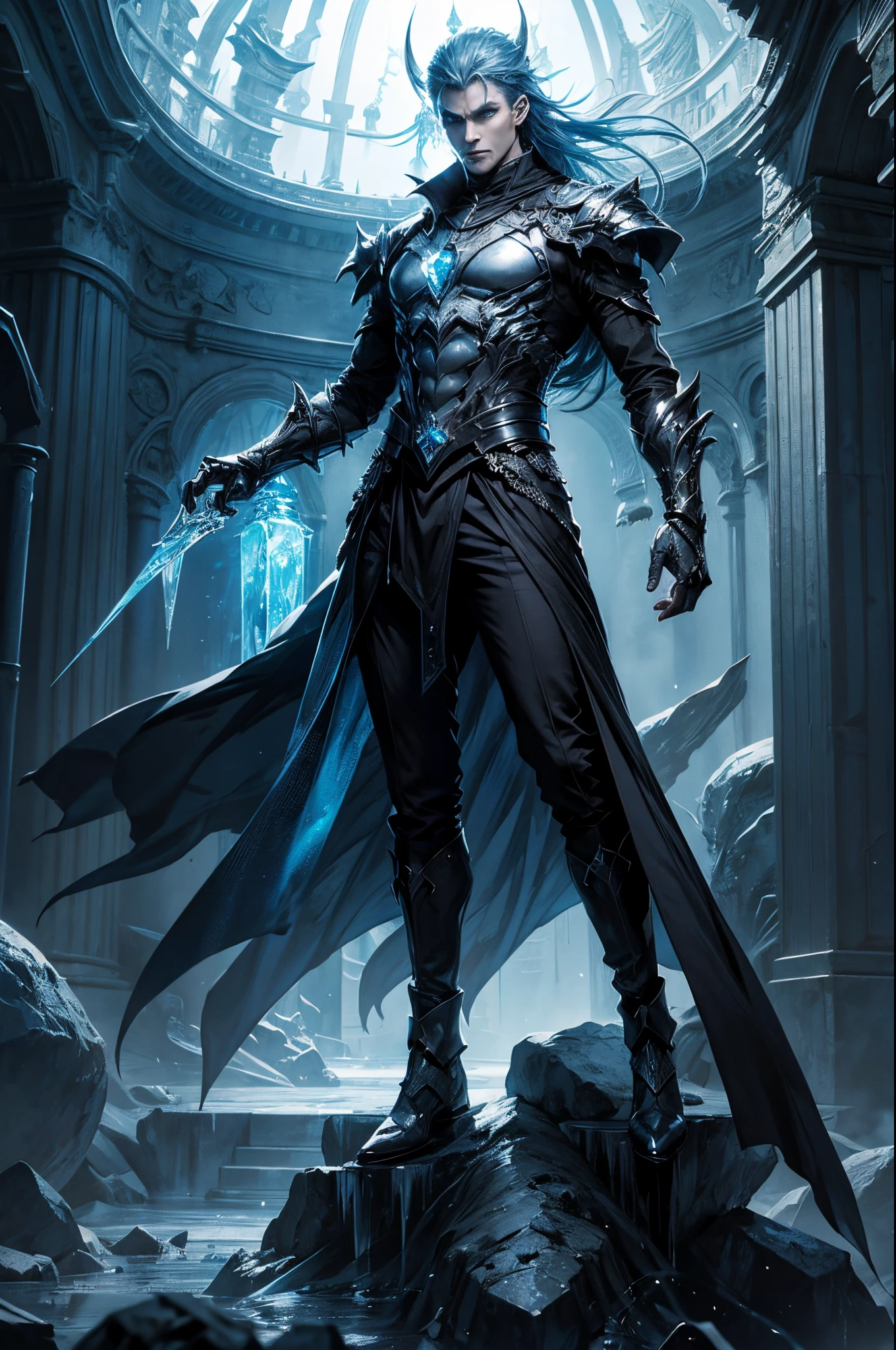 full body 180 cm male ice, evil character with diaphanous full transparent glass body, with blue eyes, dark fantasy style, octarender, 8k