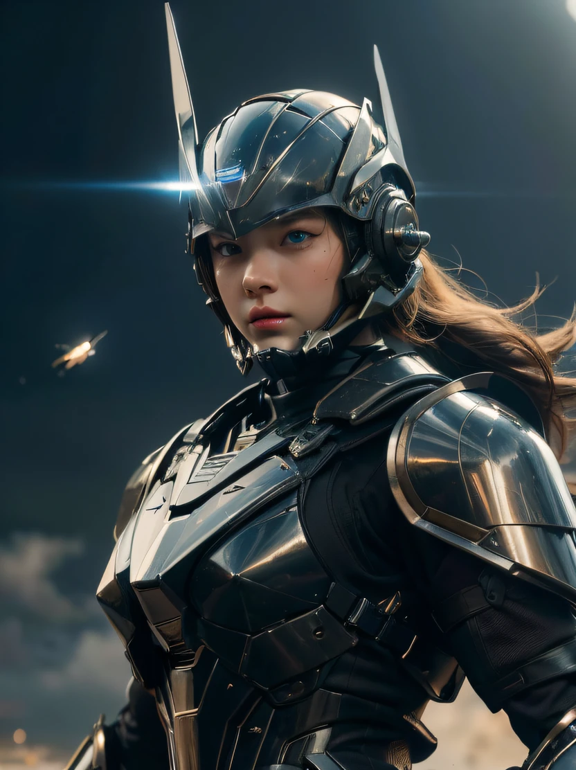 (top-quality、masterpiece、ultra-detailliert、hight resolution、realisitic、Photorealsitic、extremely delicate and beautiful、amazing fine details、The best illustrations、Dramatic Lighting、foco nítido)、Focus on the face、3/5 shots、beautiful young woman with、((full face helmet、Black Reinforced Armor Suit、armored gloves))、looking at the viewers、battle posture、a science fiction film、Dark blue eyes、Bob Blonde、serious faces、Sharp eyes、Realistic face resolution、realisitic、The background is the battlefield、Spacecraft in the sky、Bullets fly around、Dynamic action