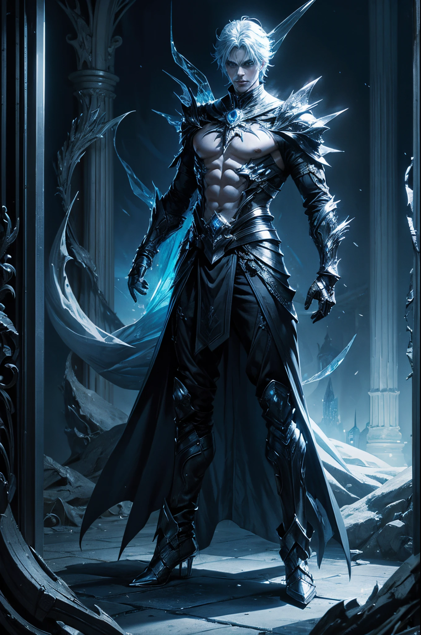 full body 180 cm male ice, evil character with diaphanous full transparent glass body, with blue eyes, dark fantasy style, octarender, 8k