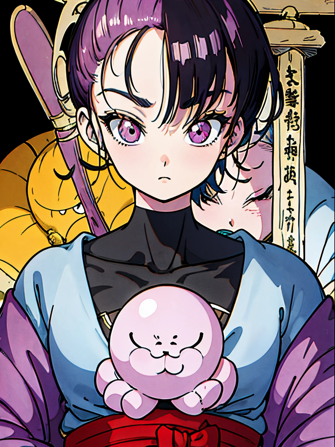 Cover showing the title in Japanese, personagem de corpo inteiro, rosto detalhado, roxo e rosa , determination, alta qualidade, eye correction. Manga-style cover.