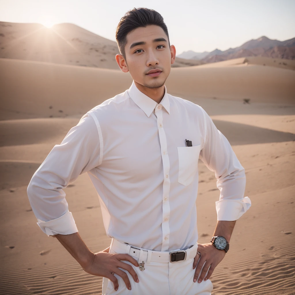 （（（2boy）））,actual, ((tmasterpiece)), ((Best quality)), (Detailed pubic hair), Cinematic, 动态照明, in pastel shades, detailedbackground, professional photoshooting, depth of fields, iintricate, Detailed pubic hair face, sub surface scattering, photo-realistic hair, photorealistic eye, Muscular, Masculinity, buzz clip，Handsome photos (Latino men), Mecha 4RMOR, convertible coat，chest muscle，Abs， glowing, dynamicposes, Desert background，stubbles, trouser,The crotch is raised,white leggings sweatpants，natta，Huge lunar crossing，Backed by the mountains