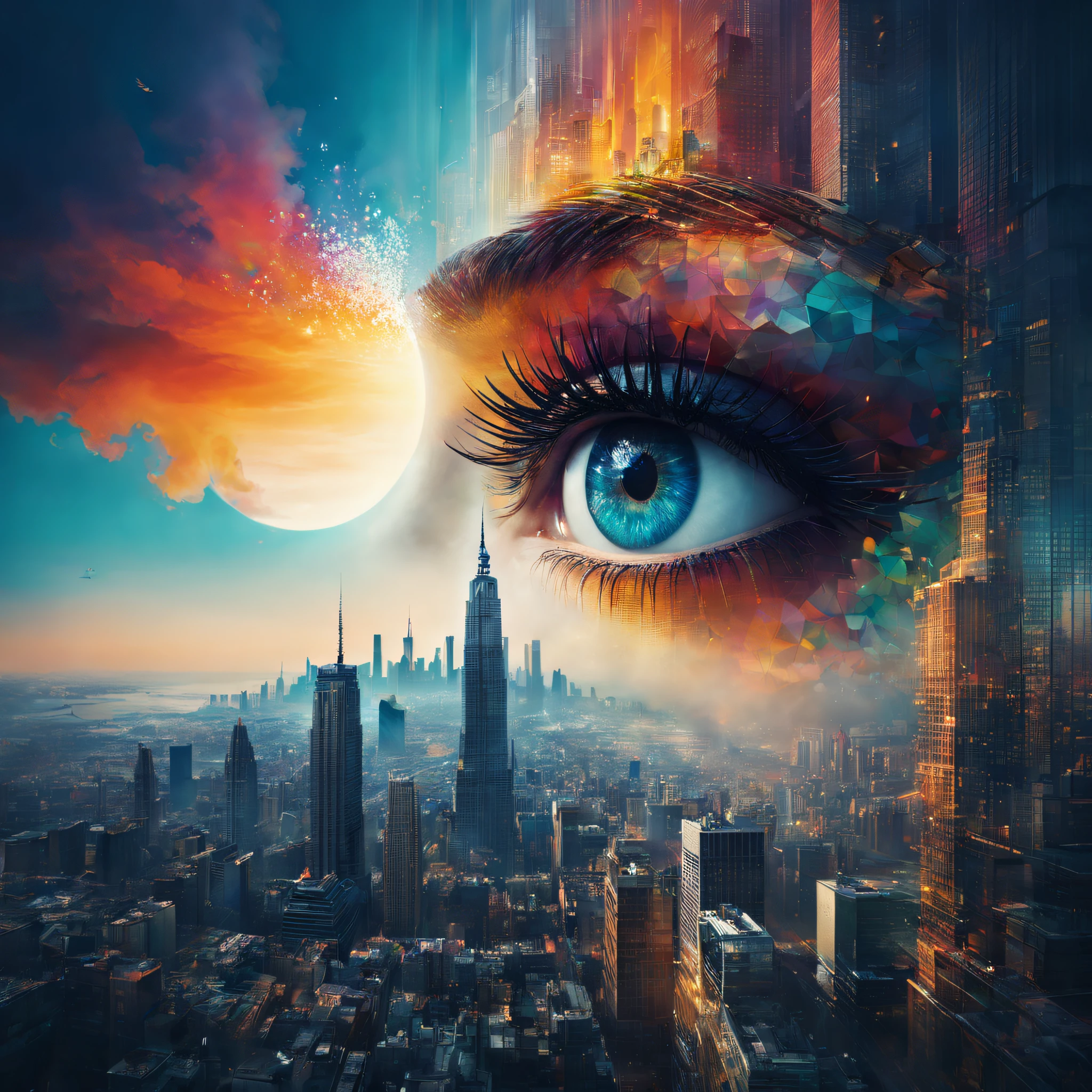 (best qualityer,4k,8k,Tall structures,tmasterpiece:1.2),Doubleexposure,beatiful detailed eyes,City silhouette,view over city,Vibrant colors,stunning art,mesmerizing mixed images,Stylish and sophisticated portrait,surreal atmosphere,Unique artistic composition,dreamy and ethereal,Contrasting elements,creative juxtaposition,captivating visuals,mystical aura,Modern artistic sense,Elegant and eye-catching,Vibrant cityscape,Poetic and thought-provoking,Skillfully blending reality and imagination