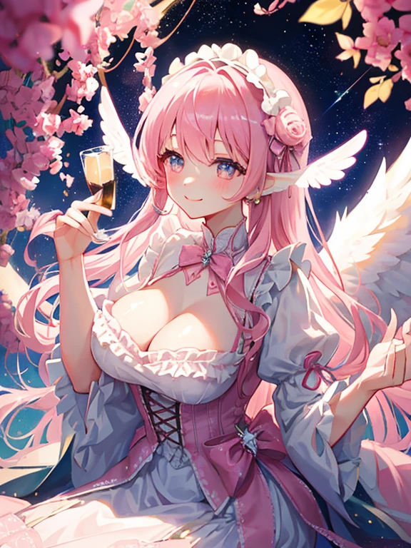 1 woman、爆乳、cleavage of the breast、light pink hair studded with stars、Long Lace Bale、ta clothes with lots of frills and ribbons、angel wings encrusted with jewels、A smile