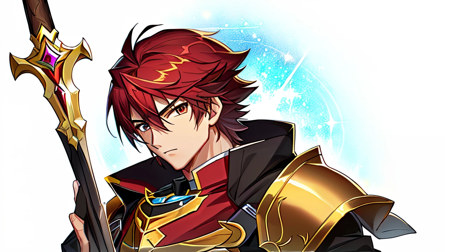 Close up portrait of man in black bikini costume holding sword, Knight of Zodiac Boy, Portrait Knight of Zodiac Boy, Boy with short red hair, Boy with brown eyes, Muscular men, masculine and muscular, In garnet armor, Bikini Armor Boy, Boy in belly button costume, Enchanting Prince Night, Smooth Anime CG Art, Prince Knight, Galactic Prince, big muscle, Prince of Garnet, Garnet reflective armor, digital manga art, High quality anime art style,