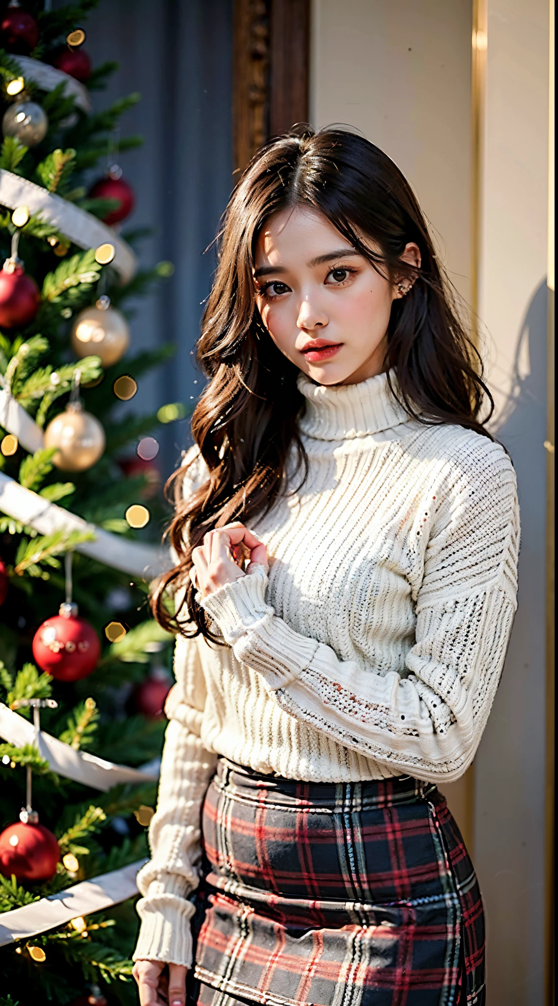 The image depicts a woman standing next to a Christmas tree. She is wearing a red turtleneck sweater and a long white skirt, complemented by a dark coat and a small dark handbag. Her style is chic and seasonal, fitting for a holiday setting. The Christmas tree is lavishly decorated with various ornaments including red, gold, and patterned baubles, as well as other holiday-themed decorations. It appears to be indoors, possibly within a home or public space designed for festive occasions. The woman is posed with one hand gently touching her hair, conveying a casual yet refined elegance.