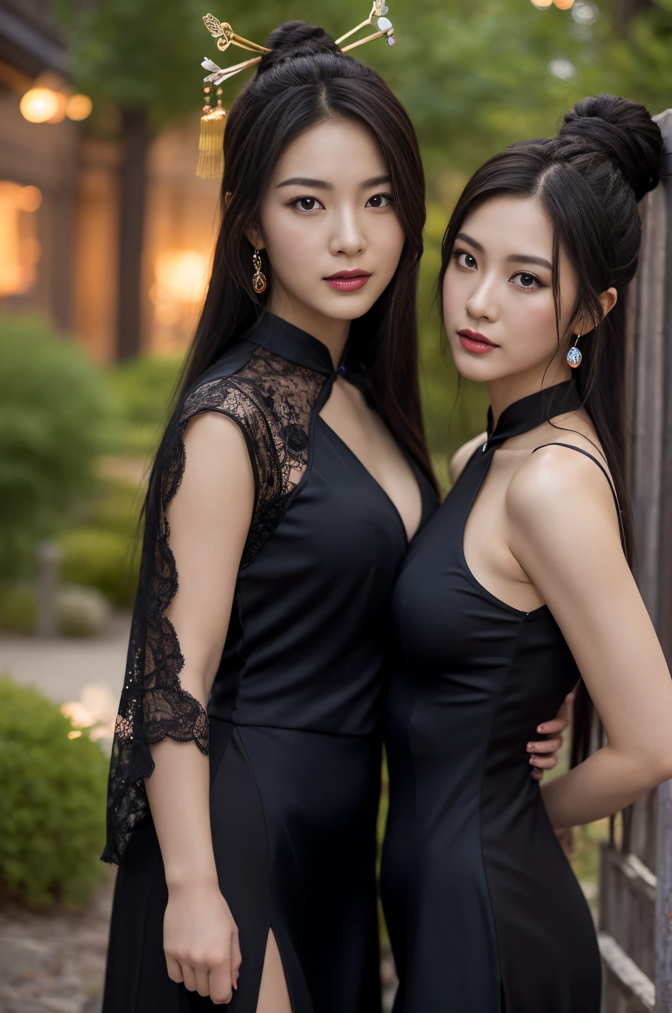 high-level image quality、Like a shot with an SLR、Sensual body,thighs、slit、Painting a work of art depicting two women in a tanslucent traditional cheongsam,duo,((sisterhood)),closeup portrait:1.4,detailed face,front view,rendering by octane, hdr,leering:1.3,Chinese hair ornament:1.4,Chinese hairpins:1.4,Chinese hairsticks:1.4,Clouds, Water, Fireflies, night, starry sky, jewelry,light particles, (fantasy: 1.2), stars, fantasy,