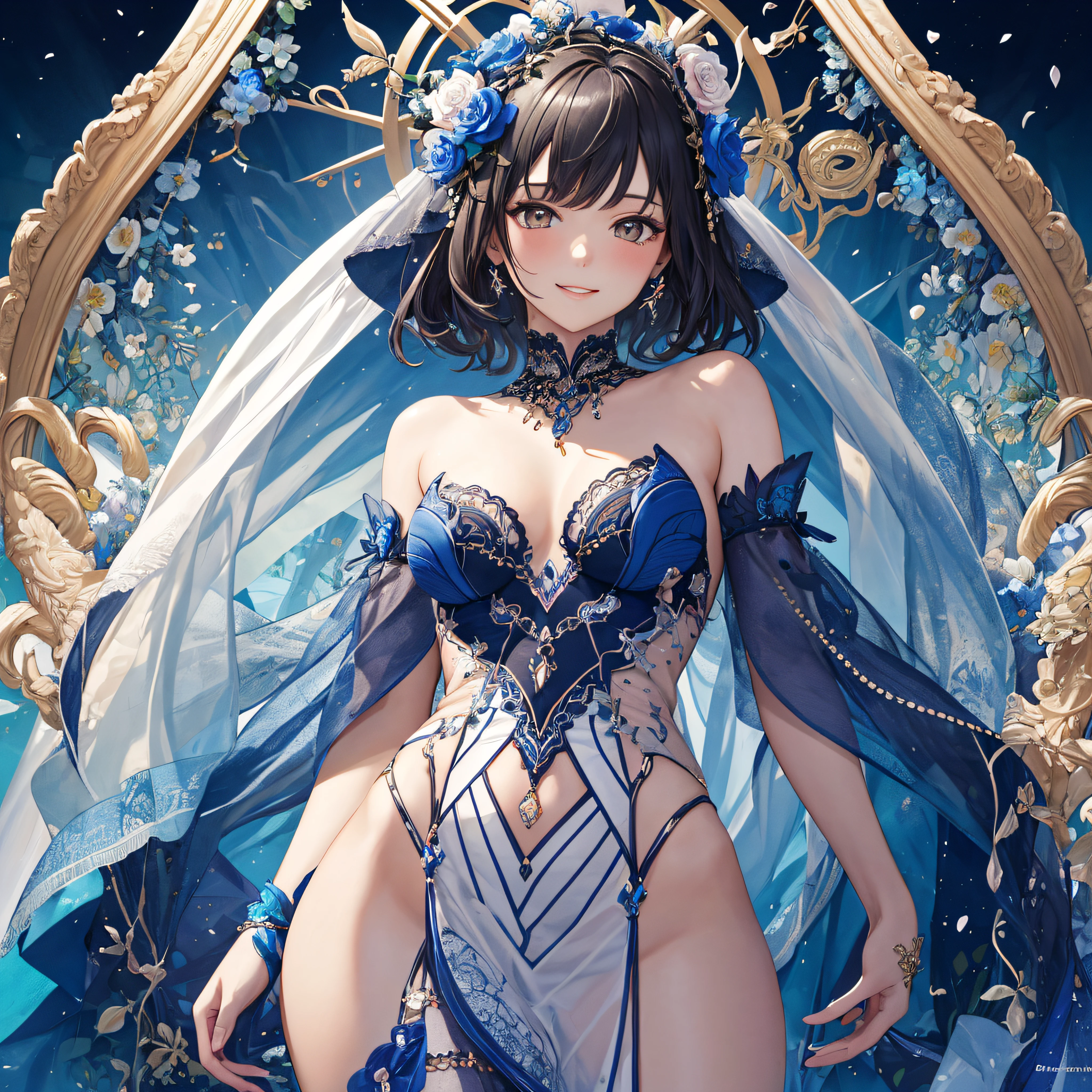 (Masterpiece, top quality, best quality, official art, Beauty and aesthetics: 1.2), (1 girl: 1.3), very detailed, (fractal art: 1.2), colorful, highest detail, (zentangle: 1.2), (dynamic pose), (abstract background: 1.5), (three-layer dress: 1.2), (shiny skin), (multiple colors: 1.4), upper body, transparent gauze, bare shoulders, blooming flower field, glowing skin, light smile, sexy, bust, naked, from below, butt up waiting up