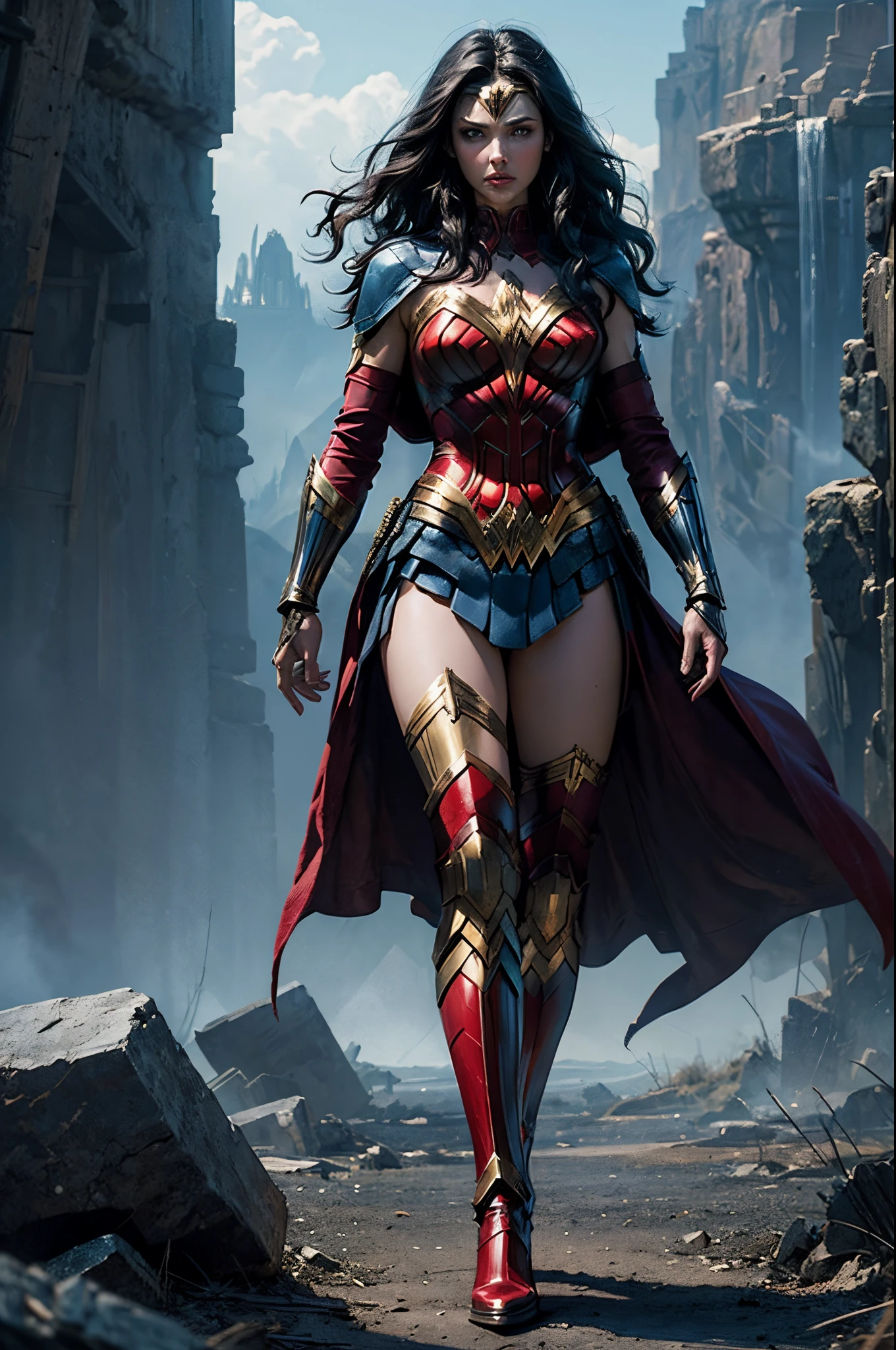 a scene from a movie Expansive landscapes dark fantasy image full - length dark force dominated evil superheroine alias Wonder Woman alliance action scene, dramatic, cinematic style, Ethereal landscapes, Vibrant colors, Intricate details