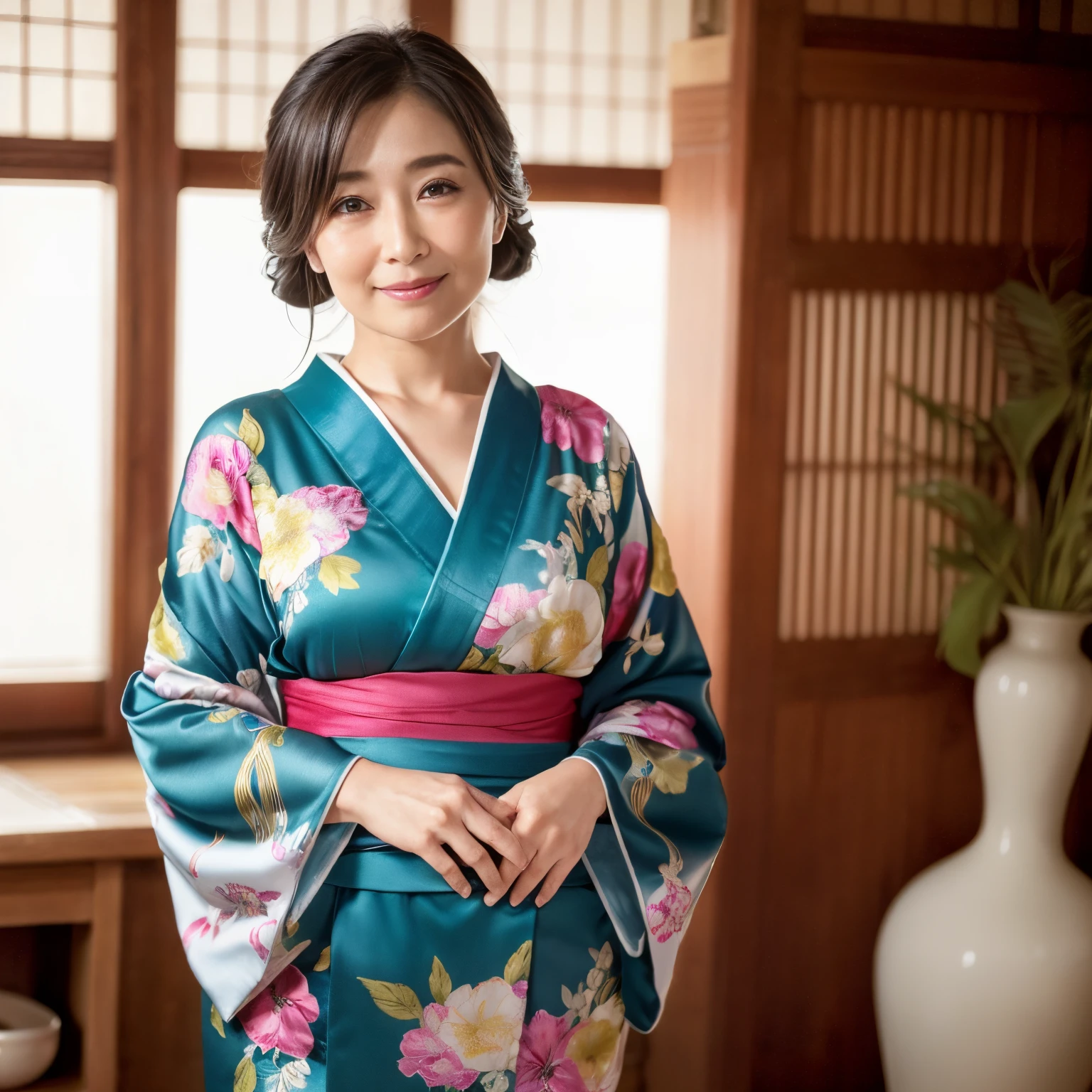 ((top-quality、masutepiece、8K、Top image quality、Hyper-Realism、SFW、1 photo))、1 female、Wearing a yukata、Old folk house-style hot spring inn、the biggest smile when you look at me、Photo from the waist up、perfect anatomia、chignon、Bright lighting