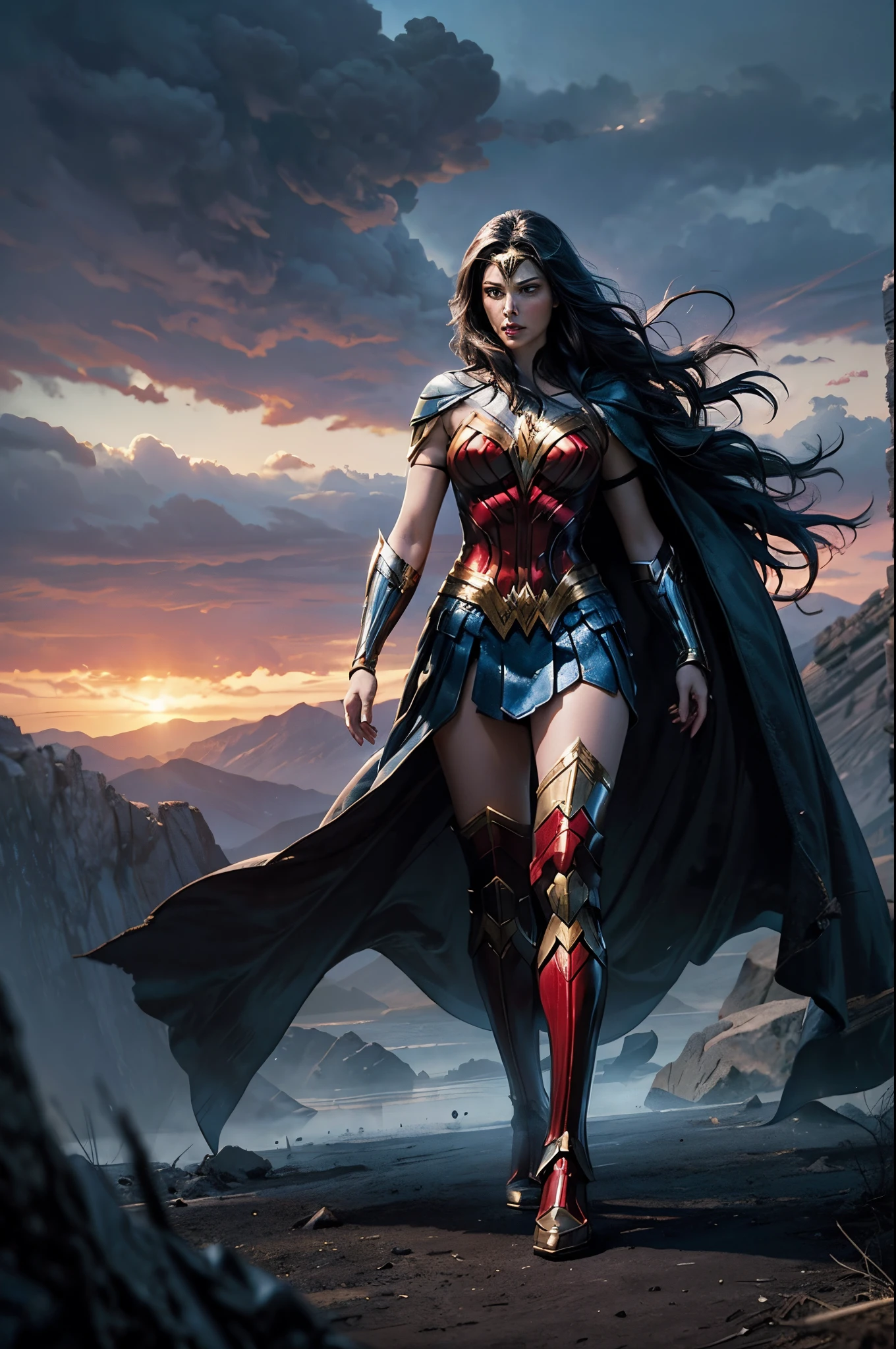 a scene from a movie Expansive landscapes dark fantasy image full - length dark force dominated evil superheroine alias Wonder Woman alliance action scene, dramatic, cinematic style, Ethereal landscapes, Vibrant colors, Intricate details