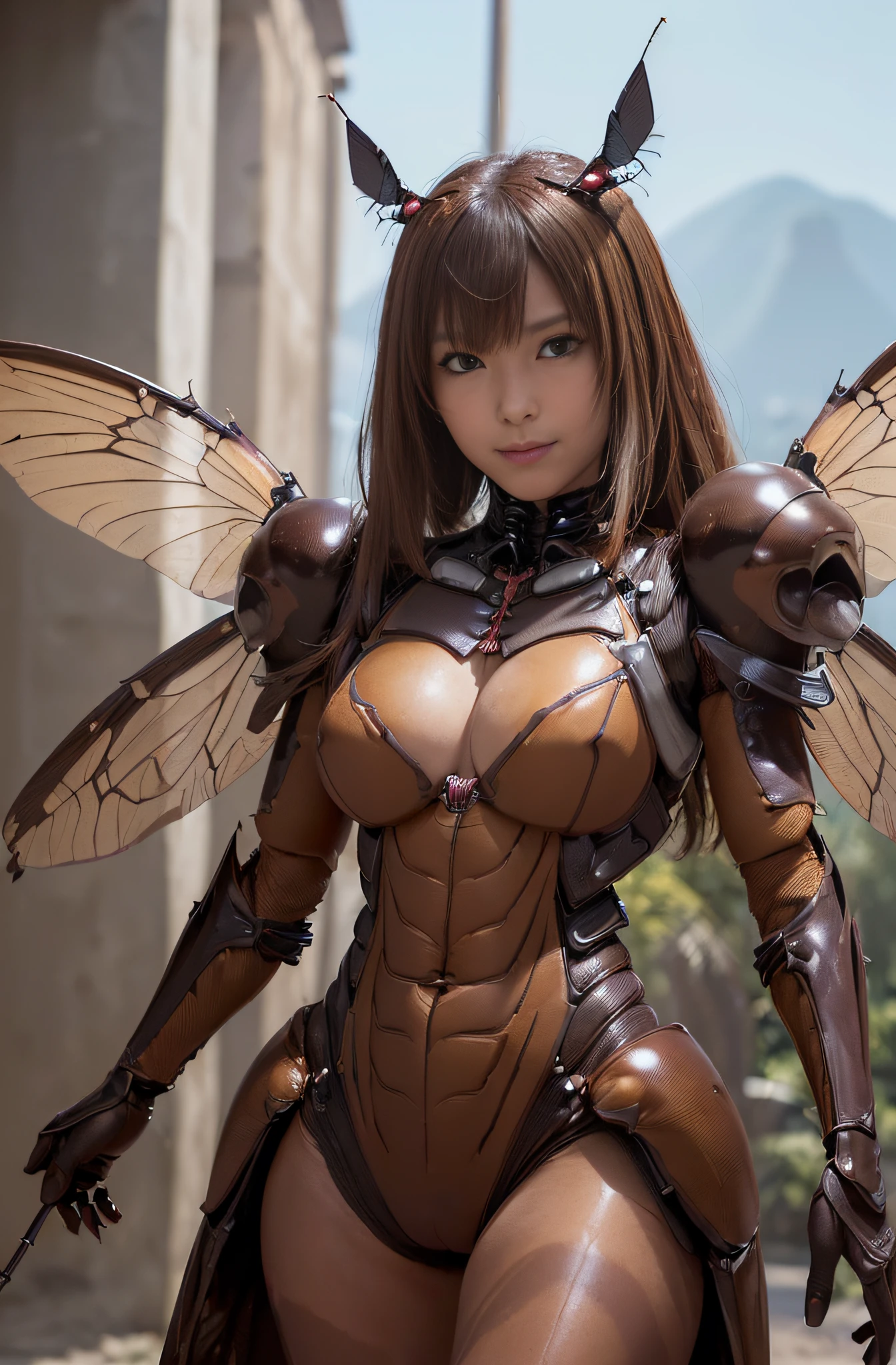 (high resolution,masterpiece,best quality,extremely detailed CG, anime, official art:1.4), realistic, photo, amazing fine details, all intricate, gloss and shiny,awesome many layers, 8k wall paper, 3d, sketch, kawaii, illustration,( solo:1.4), perfect female proportion,villainess, (fusion of dark brown cockroach and lady:1.4), (brown cockroach form lady:1.2), (brown cockroach lady:1.2), (fusion:1.2), (solo:1.4), (evil smile:1.2), muscular, abs, (cockroach brown exoskeleton bio insect suit:1.4), (cockroach brown exoskeleton bio insect armor:1.2), (brown transparency cockroach wing:1.4), (brown cockroach antennae:1.3),