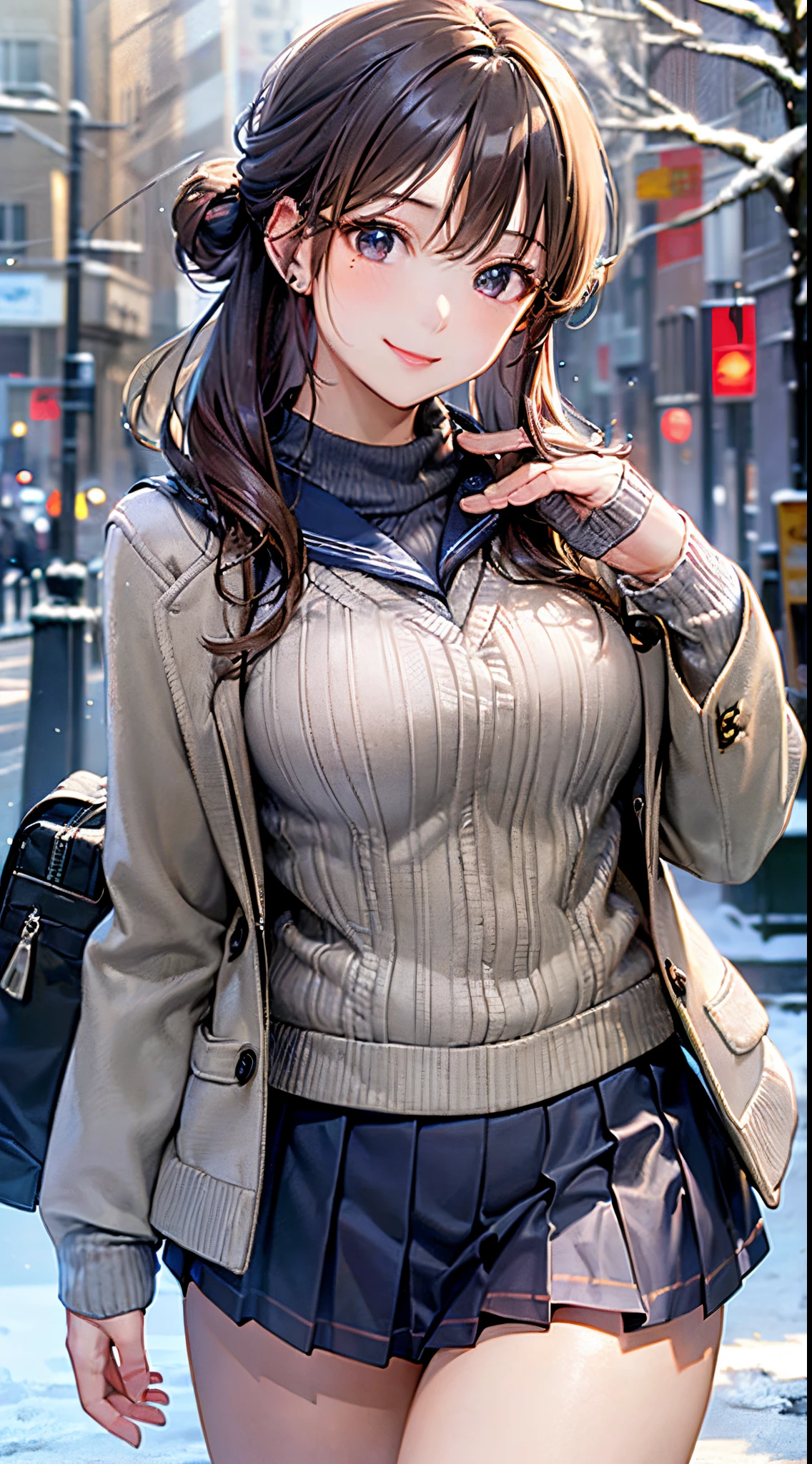 ((((, , perfect anatomy, super detailed skin)))), 1 girl, japanese, , shiny skin, large breasts:0.5, watching the view, (smile:1.5),
beautiful hair, beautiful face, beautiful detailed eyes, (middle hair:1.7, harf updo:1.5),
beautiful clavicle, beautiful body, beautiful chest, beautiful thigh, beautiful legs, babyface, , breast, mole under eye,
((navy school uniform, long sleeves, navy pleated skirt, sailor collar, light brown cardigan, ((gray medium coat, muffler, mitten)), extremely sexy, seductive thighs)), white panties,
(beautiful scenery), winter, evening, hokkaido, sapporo, outdoors, snow, snowfall:1.5, walking, holding a phone,
(8k, top-quality, masterpiece:1.2, extremely detailed, , ), (photorealistic), beautiful illustration, cinematic lighting,
