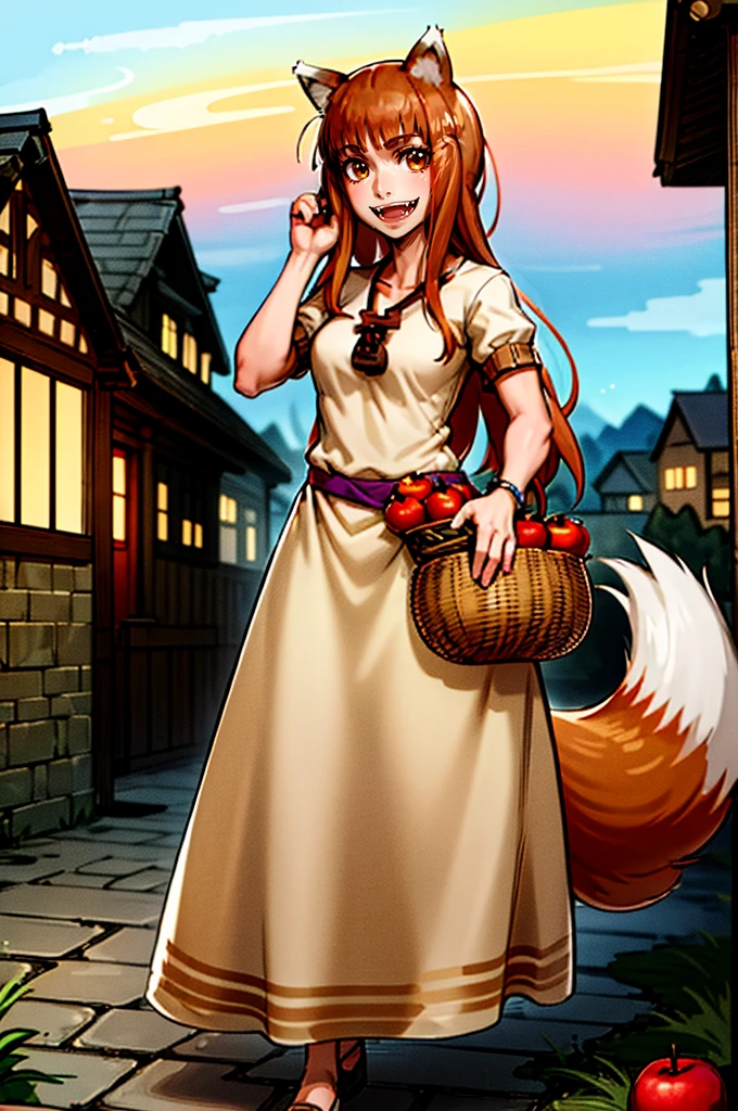 (holo:1.5), (holoBrownDress:1.5), masterpiece, best quality, absurdres, 1girl, looking at viewer, standing, cowboy shot, outdoors, medieval, cobblestone street, town, pouch, sash, smile, fruit, apple, basket,mediumbreast, curvy, silver hair, white hair, full body, flipflops,fangs, teeths,