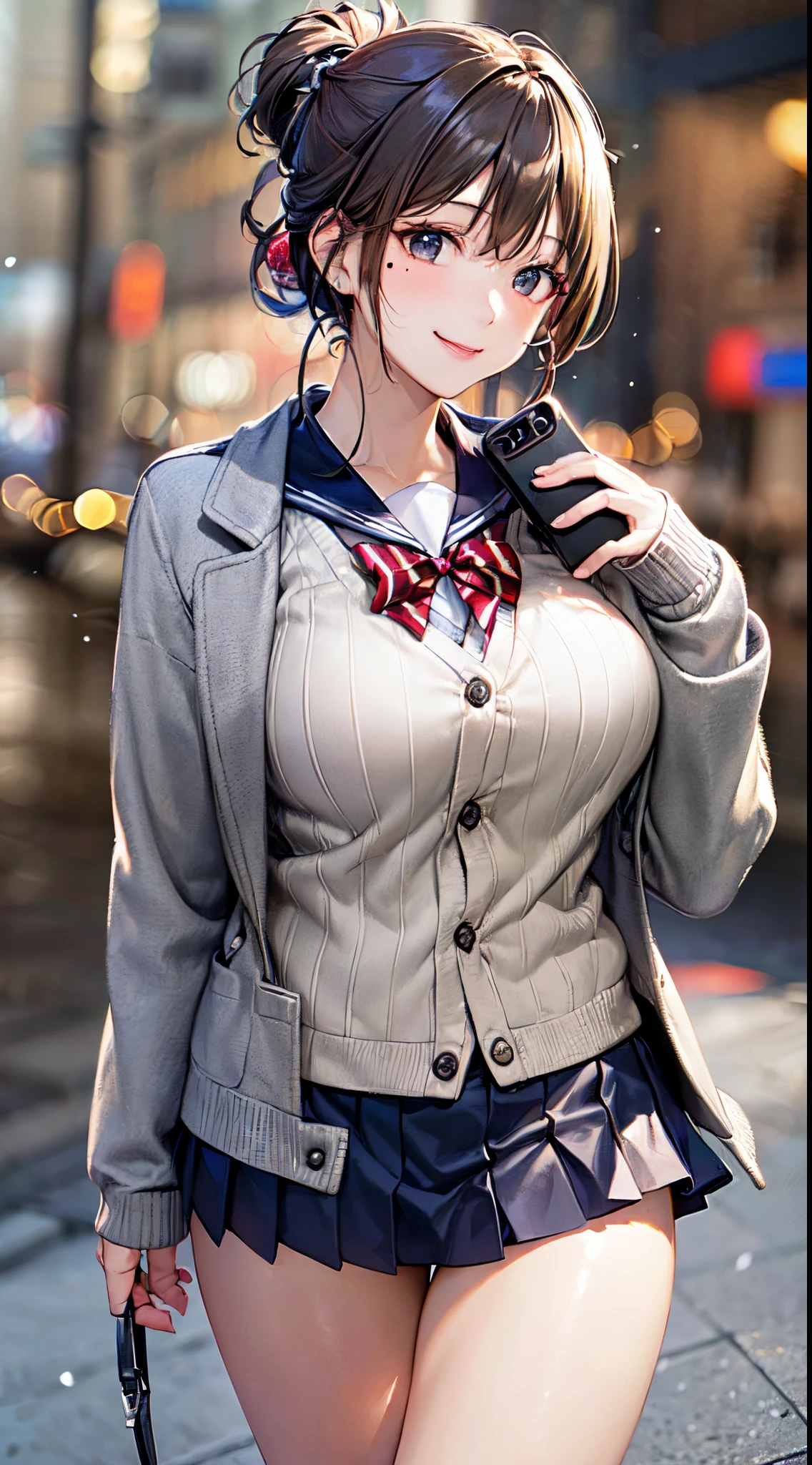 ((((, , perfect anatomy, super detailed skin)))), 1 girl, japanese, 14 years old, shiny skin, large breasts:0.5, watching the view, (smile:1.5), 
beautiful hair, beautiful face, beautiful detailed eyes, (middle hair:1.7, harf updo:1.5), 
beautiful clavicle, beautiful body, beautiful chest, beautiful thigh, beautiful legs, babyface, , breast, mole under eye, 
((navy school uniform, long sleeves, navy pleated skirt, sailor collar, light brown cardigan, ((gray medium coat, muffler, mitten)), extremely sexy, seductive thighs)), white panties, 
(beautiful scenery), winter, evening, hokkaido, sapporo, outdoors, snow, snowfall:1.5, walking, holding a phone, 
(8k, top-quality, masterpiece​:1.2, extremely detailed, , ), (photorealistic), beautiful illustration, cinematic lighting,