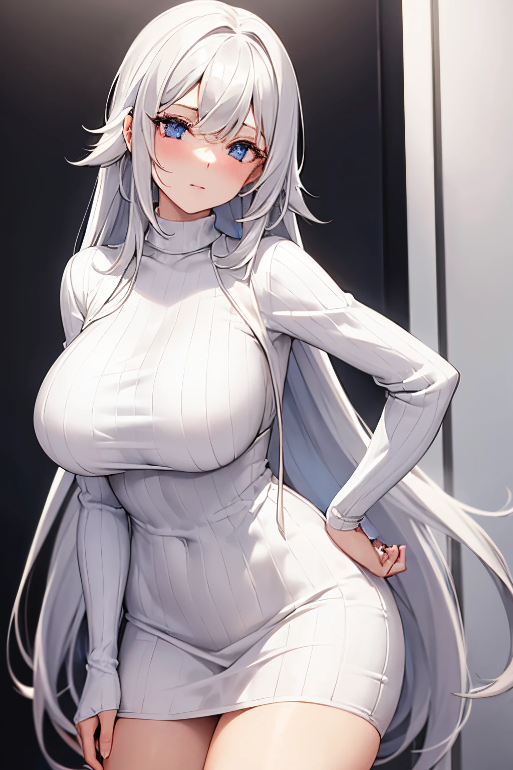 1girls, wears a white sweater that is much too long all over the body, Braunes Haar, Lange Haare, Meisterwerk, 8K, (detaillierter Skin), Top quality, Seductive girl, posiert im zimmer,Hyper Largest_boobplate!!
