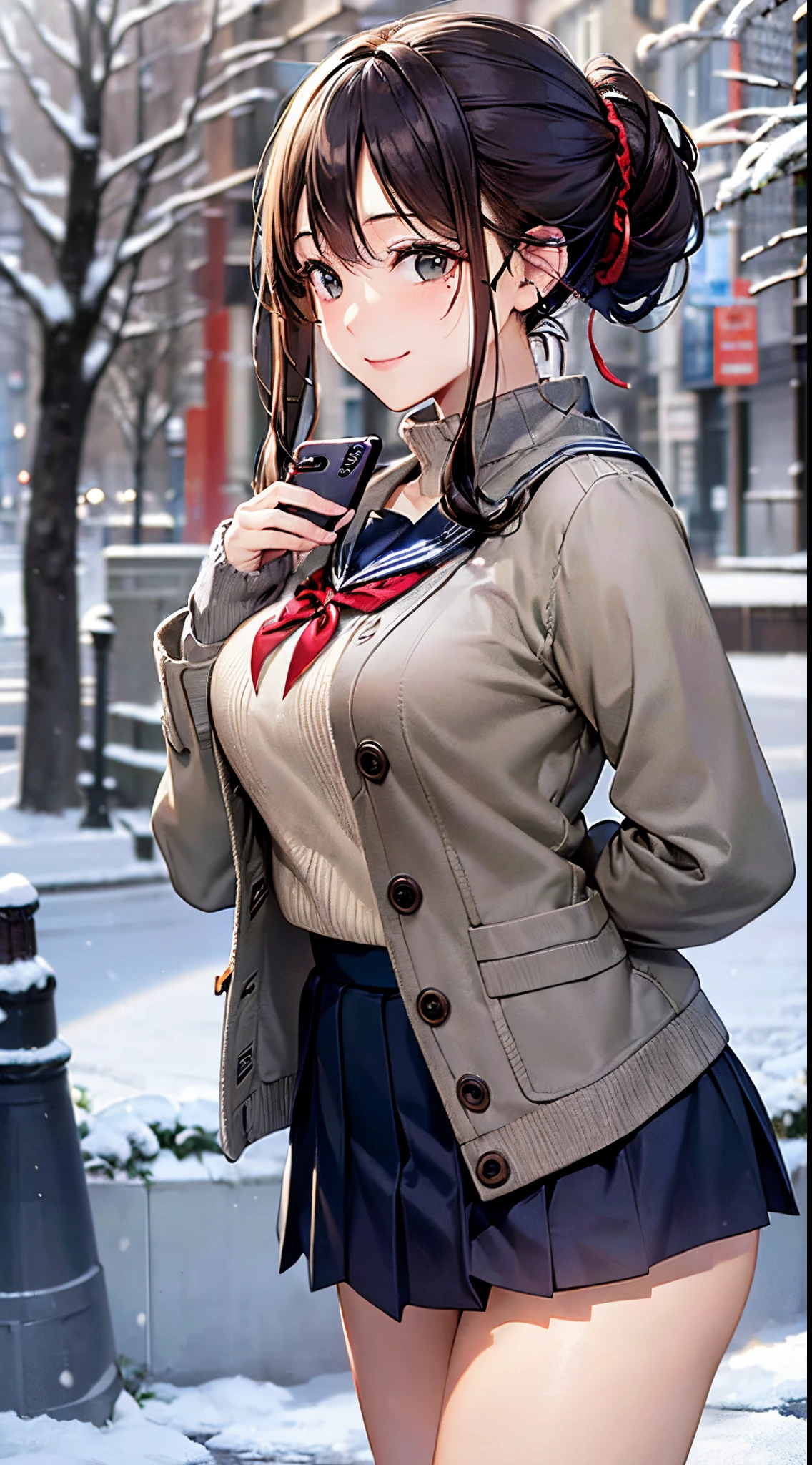 ((((, , perfect anatomy, super detailed skin)))), 1 girl, japanese, 14 years old, shiny skin, large breasts:0.5, watching the view, (smile:1.5),
beautiful hair, beautiful face, beautiful detailed eyes, (middle hair:1.7, harf updo:1.5),
beautiful clavicle, beautiful body, beautiful chest, beautiful thigh, beautiful legs, babyface, , breast, mole under eye,
((navy school uniform, long sleeves, navy pleated skirt, sailor collar, light brown cardigan, ((gray medium coat, muffler, mitten)), extremely sexy, seductive thighs)), white panties,
(beautiful scenery), winter, evening, hokkaido, sapporo, outdoors, snow, snowfall, walking, hands between legs,
(8k, top-quality, masterpiece:1.2, extremely detailed, , ), (photorealistic), beautiful illustration, cinematic lighting,