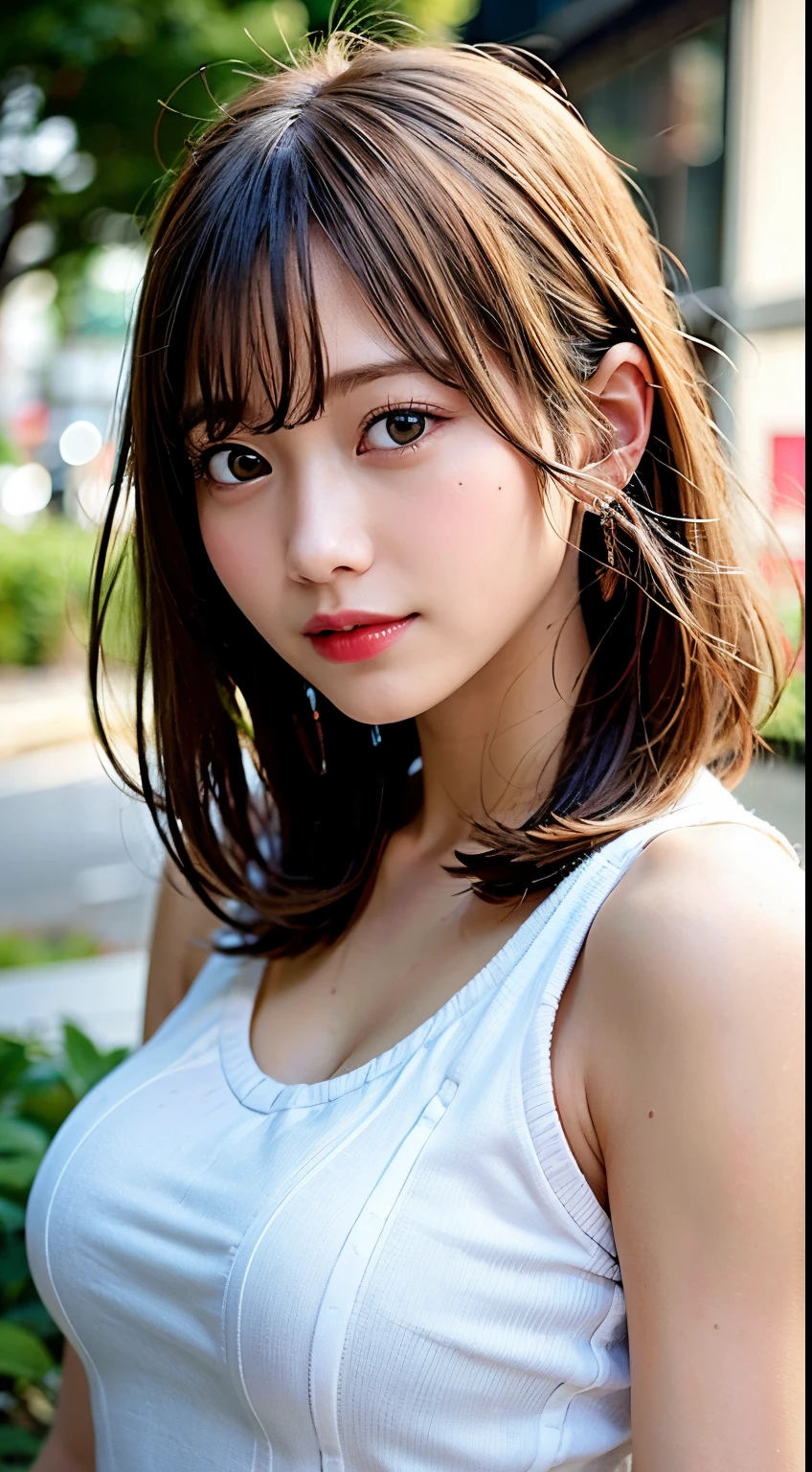 (8K, Raw photo:1.2), Detailed face and eyes,Best Quality, 超A high resolution, Highly detailed ,intricate detailes ,masutepiece ,Cute Girl , Soft cinematic light, Hyper-detailing,Sharp Focus, High quality, Blonde hair, bob cuts, tits out, Get wet in the rain, Rain, Clothes get wet, Hair gets wet, sodden