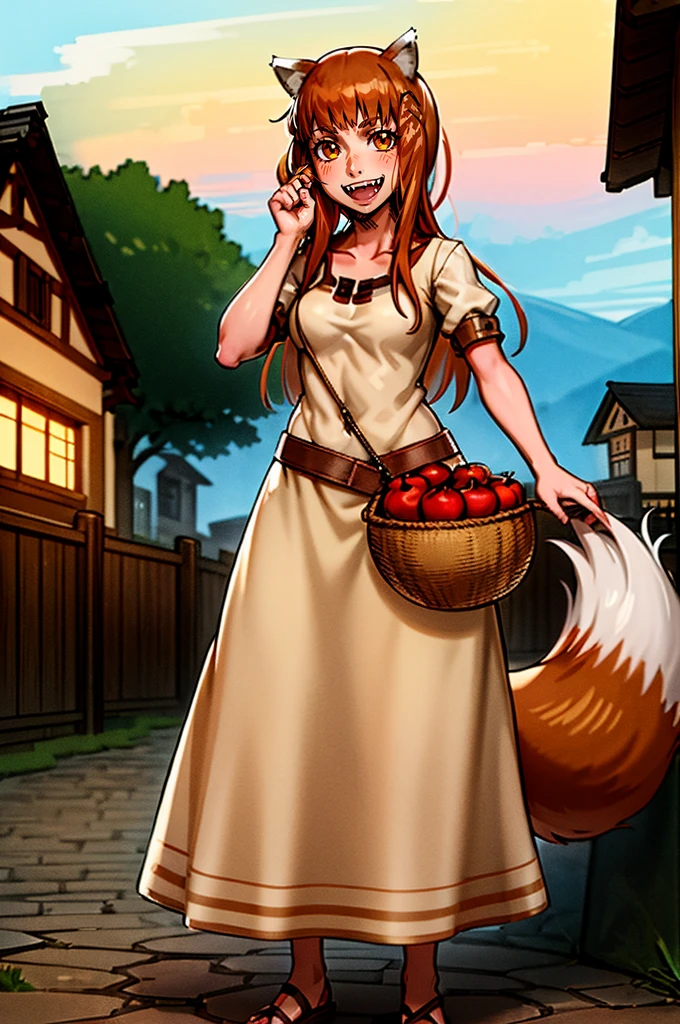 (holo:1.5), (holoBrownDress:1.5), masterpiece, best quality, absurdres, 1girl, looking at viewer, standing, cowboy shot, outdoors, medieval, cobblestone street, town, pouch, sash, smile, fruit, apple, basket,mediumbreast, curvy, silver hair, white hair, full body, flipflops,fangs, teeths,