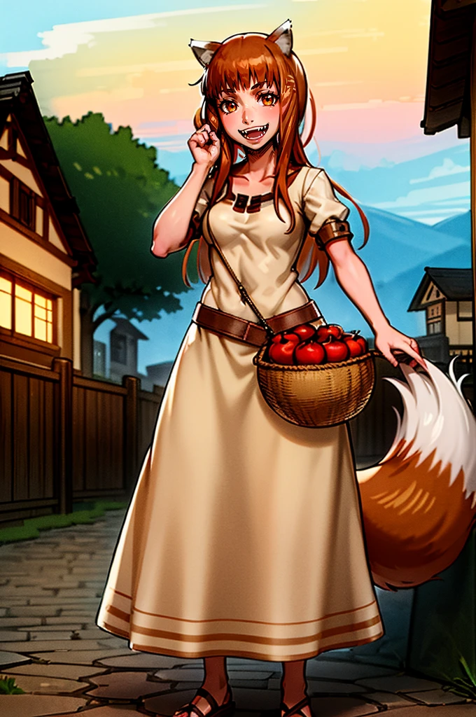 (holo:1.5), (holoBrownDress:1.5), masterpiece, best quality, absurdres, 1girl, looking at viewer, standing, cowboy shot, outdoors, medieval, cobblestone street, town, pouch, sash, smile, fruit, apple, basket,mediumbreast, curvy, silver hair, white hair, full body, flipflops,fangs, teeths,
