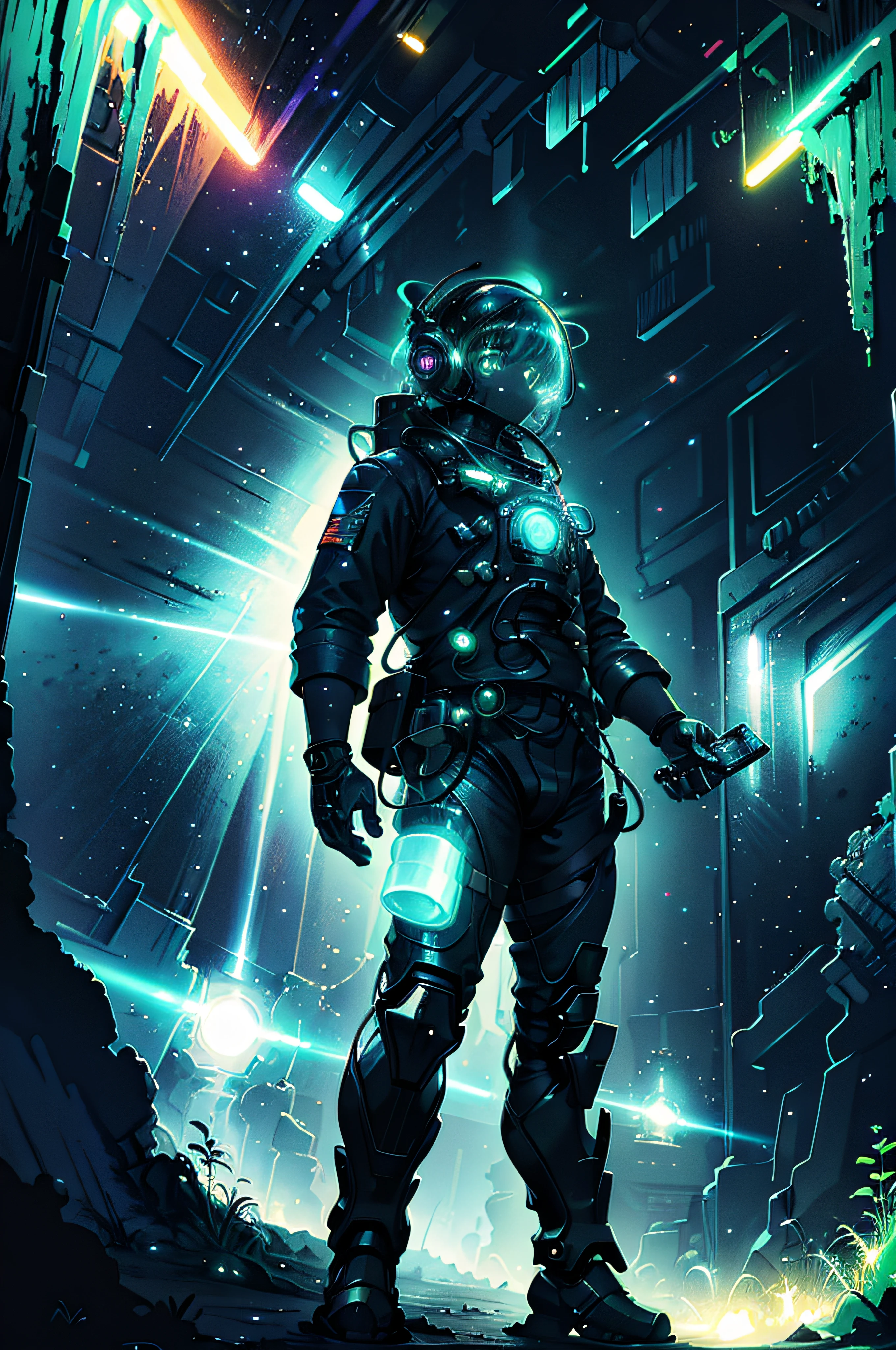 Ultra detailed illustration of an astronaut lost in a magical world of wonders, glowy, bioluminescent plants, incredibly detailed, bright colors, handpainted strokes, visible strokes, oil paint, art by Mschiffer, night, bioluminescence