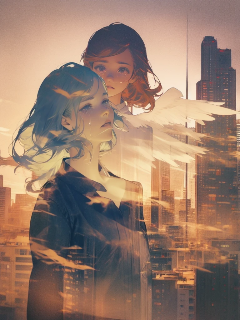 double exposure，8K，tmasterpiece，Best Picture Quality，（A crying girl，The girl has angel wings on her left side，The girl has devil wings on her right side.），（urban backdrop，The city on the left is paradise，The city on the right is paradise）