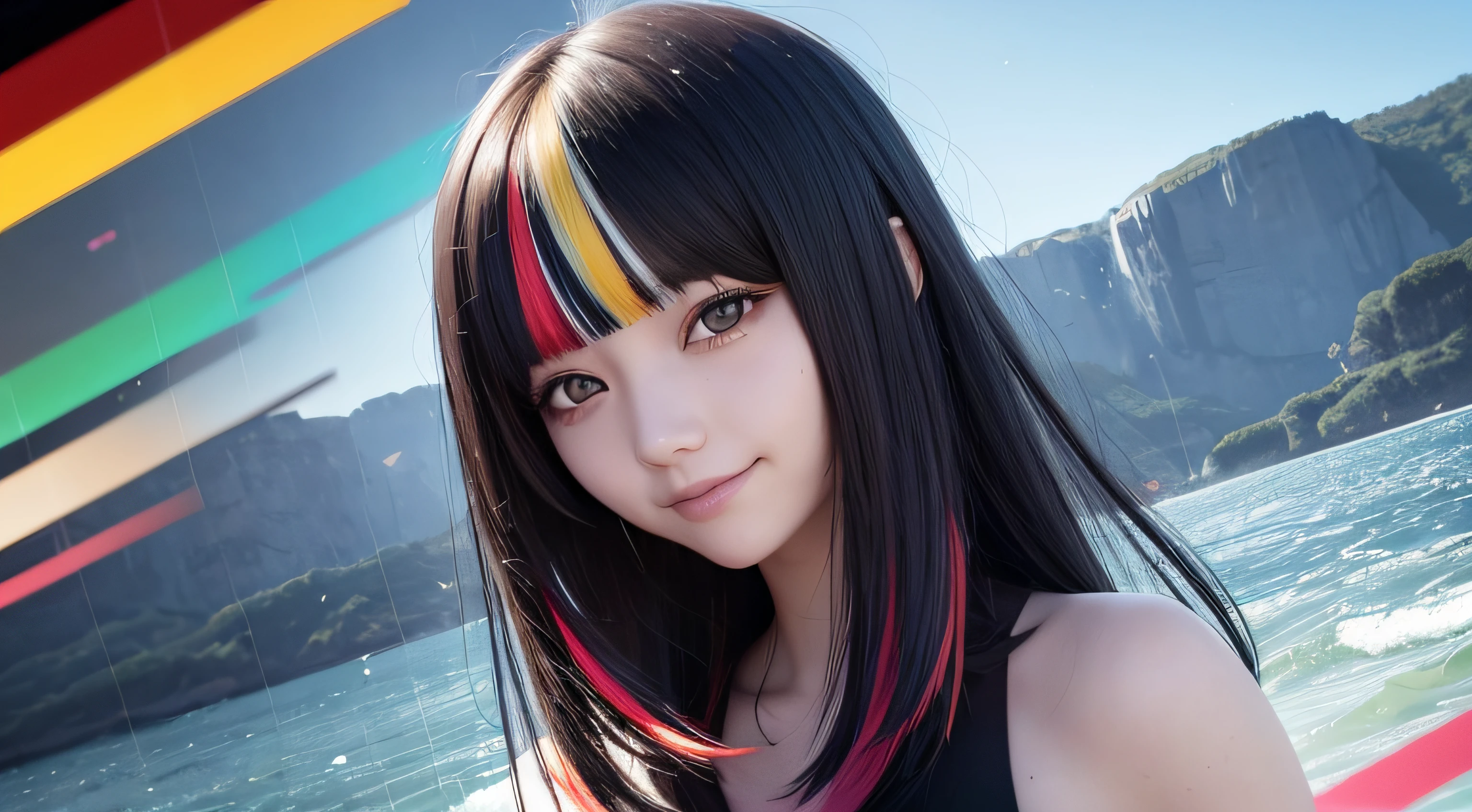 Black hair, long eyelashes, lightsmile, tusk, striated hair, multicolored hair, Colored inner hair, Red hair, hair clips, Mole under the eyes, Incompatible students, Empty eyes, Empty eyes, dilated pupils, Heart-shaped pupil, Smiling, Shadow, anaglyph, depth of fields, Motion Blur, cheerfulness, Color Field Painting, Anime style, 8K, Super Detail, Best Quality, nffsw, 8K