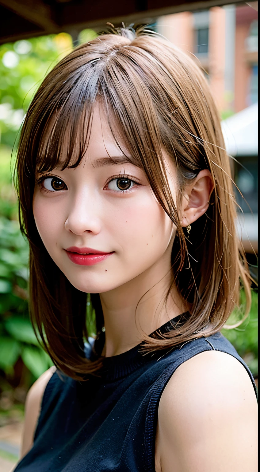 RAW photo, 8K, highest quality, masterpiece, super detailed, super resolution, realistic photo, portrait, professional photos, High resolution and beautiful, very delicate and beautiful, High resolution, huge file size, Super detailed face, very fine eyes, Very fine skin, very small nose, Highly detailed mouth, perfect anatomy, Super detailed, very beautiful eyelashes, Natural eyes, delicate eyes, simple background, realistic lighting, light shines on your face, 1 girl, 20 generations, looking at camera, smiling, Blurred Background, Particles of light, Strong winds,