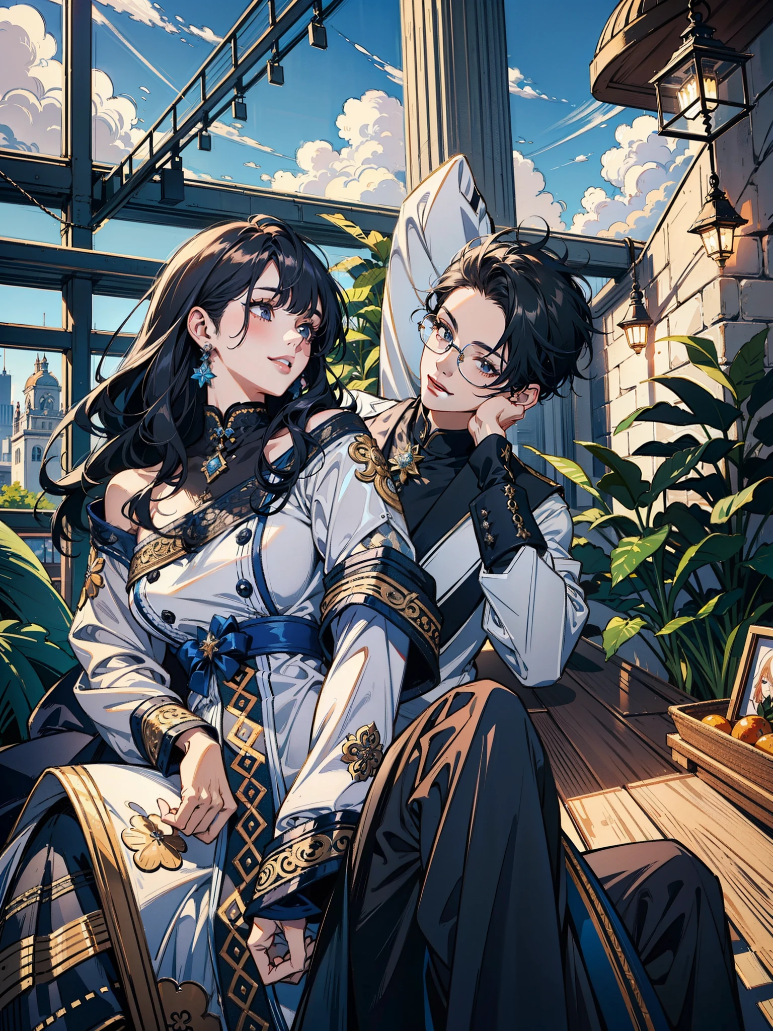 (masterpiece),(best quality:1.0), (ultra highres:1.0), detailed illustration, 8k, anime couple, Genshin Impact, girl on left, beautiful girl, intricate details, black eyes, detailed eyes, black hair, detailed hair detailed, highlights on hair, smile, boy on right, glasses, handsome masculine young boy, stylish hair, anime style, best quality, detailed, both smiling