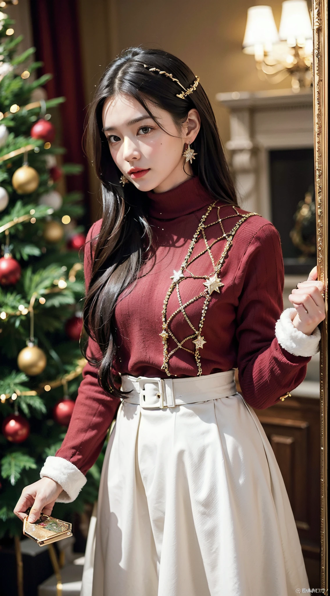 The image depicts a woman standing next to a Christmas tree. She is wearing a red turtleneck sweater and a white long skirt, It is complemented by a dark coat and a small dark handbag. Her style is chic and seasonal, Perfect for the holiday atmosphere. The Christmas tree is luxuriously decorated with various ornaments, including red ones., gold, and patterned baubles, Other holiday-themed decorations. Looks like it's indoors, presumably、in the home or in public spaces designed for celebratory occasions.. A woman is posing by gently touching her hair with one hand, Expressing casual yet sophisticated elegance.Photographed with a high-performance camera、Background blur