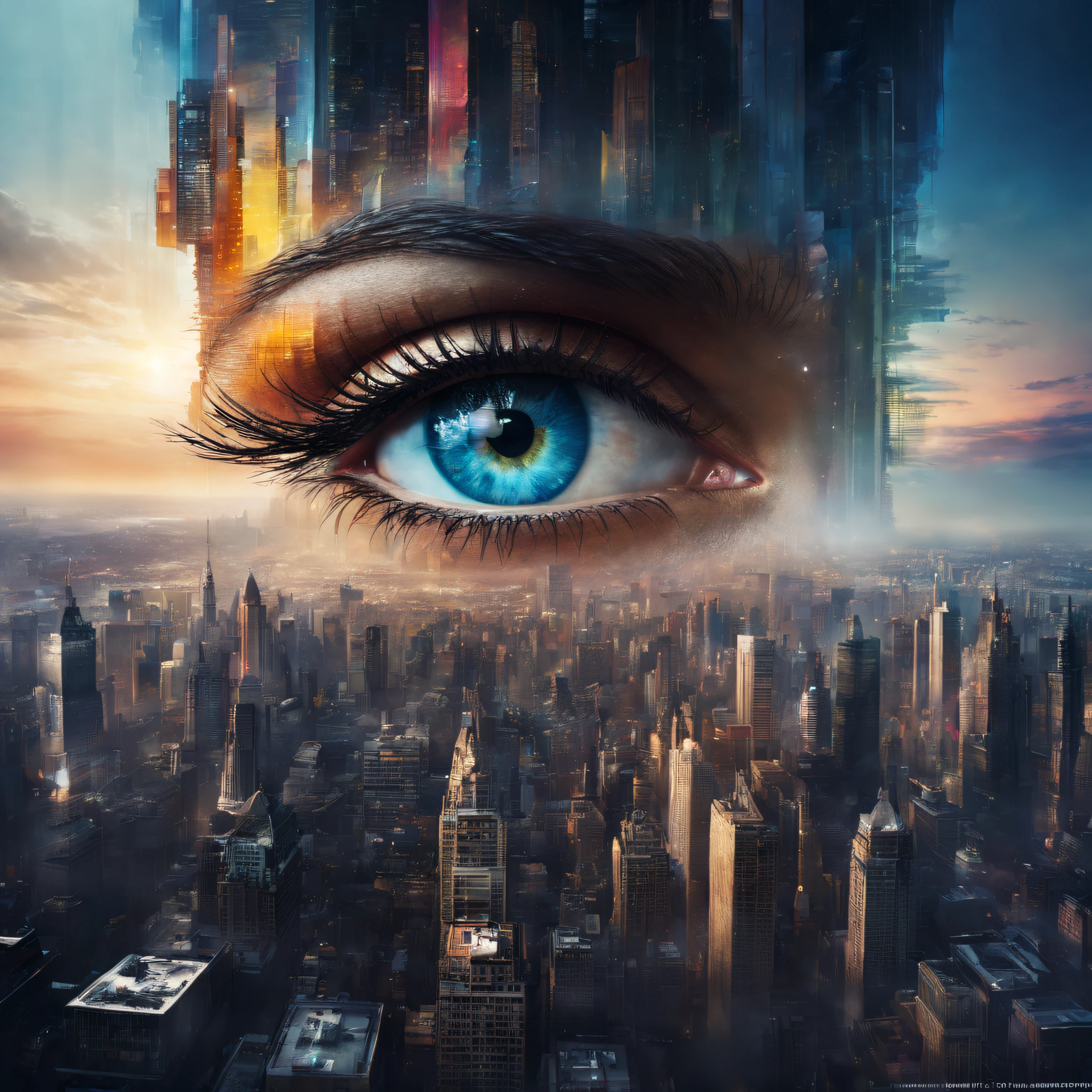 (best qualityer,4k,8k,Tall structures,tmasterpiece:1.2),Doubleexposure,beatiful detailed eyes,City silhouette,view over city,Vibrant colors,stunning art,mesmerizing mixed images,Stylish and sophisticated portrait,surreal atmosphere,Unique artistic composition,dreamy and ethereal,Contrasting elements,creative juxtaposition,captivating visuals,mystical aura,Modern artistic sense,Elegant and eye-catching,Vibrant cityscape,Poetic and thought-provoking,Skillfully blending reality and imagination